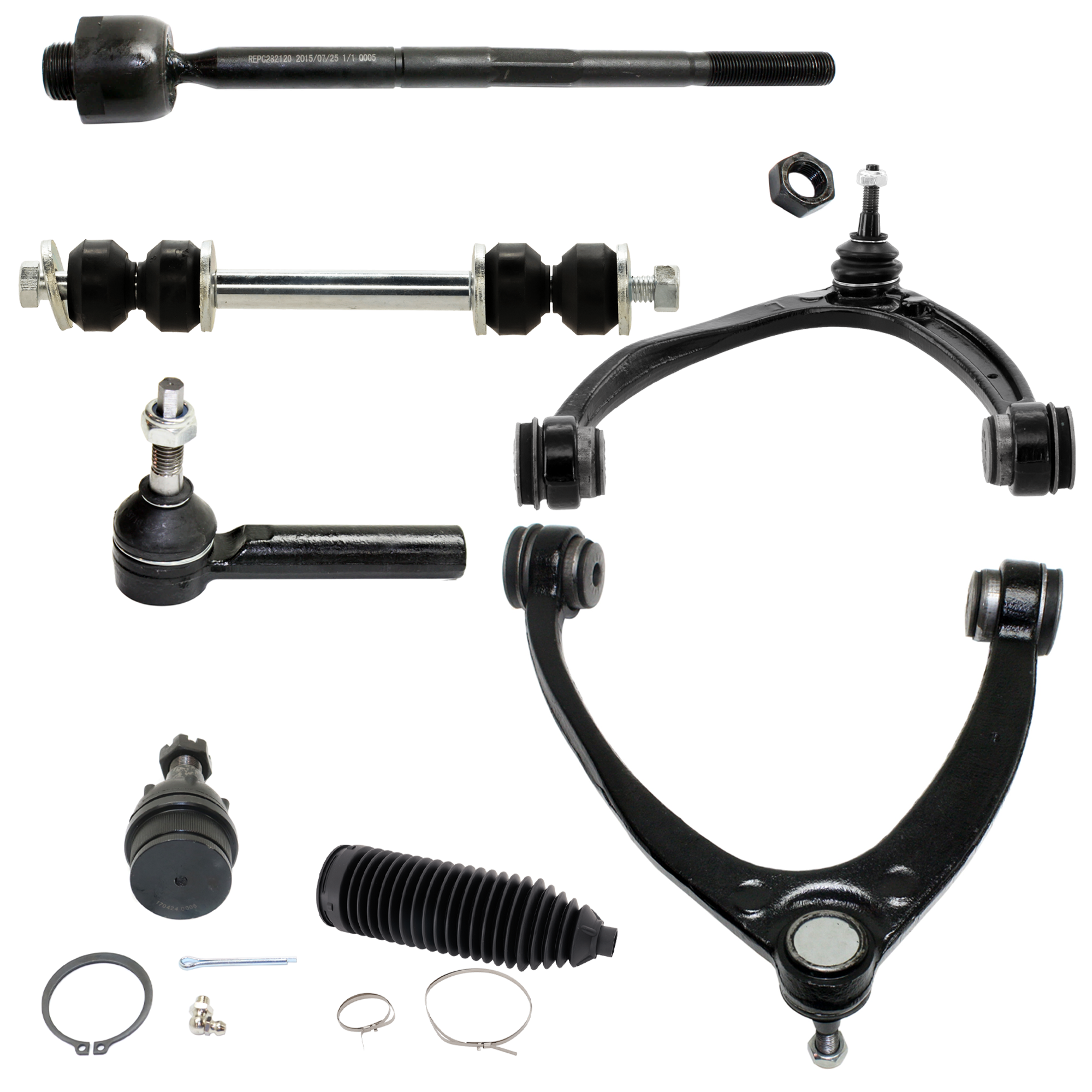 AM ESCALADE 07-14 FRONT CONTROL ARM RH AND LH Upper and Lower Inner and Outer w ball joint s 7 pc Kit with Ball Joint Steering Rack Boot Sway Bar Link and Tie Rod End SKU KIT 081324 C186 OEM 15096197-25812725-15096198-258