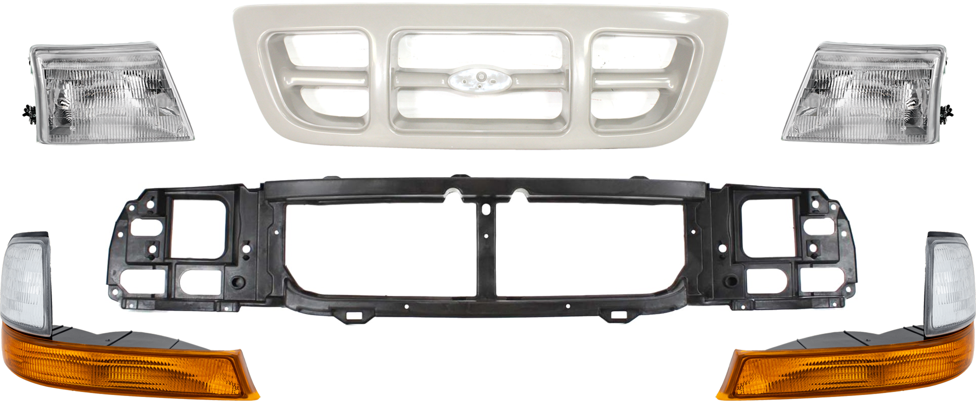 AM RANGER 98-00 GRILLE 6 pc Kit Textured Gray Shell and Insert 4WD XL XLT Models with Header Panel Corner Light and Headlight SKU KIT 081324 C194 Partslink FO1200343 FO2520144 FO2521144 FO1220215 FO2503151 FO2502151 OEM F87Z8200JA F87Z13201BA XL5Z132
