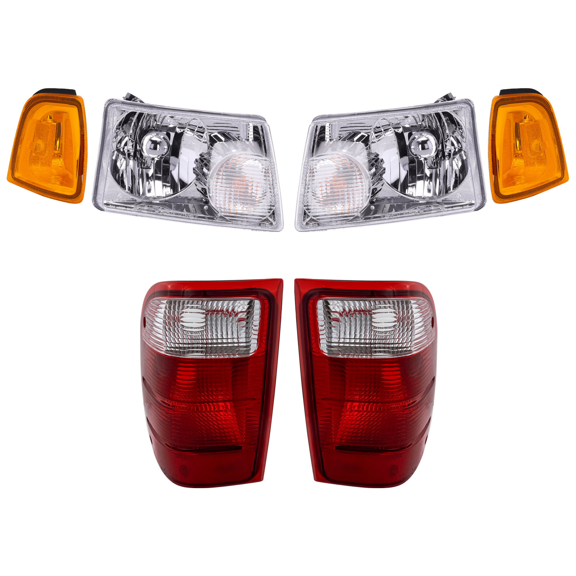 AM RANGER 01-15 HEAD LAMP BRACKET RH AND LH 6 pc kit Assembly Halogen with Turn Signal Bulb and Socket Tail Light and Corner Light All Cab Types SKU KIT 081324 C196 Partslink FO2502173 FO2503173 FO2801156 FO2800156 OEM 6L5Z13008AA 6L5Z13008BA 1L5Z15