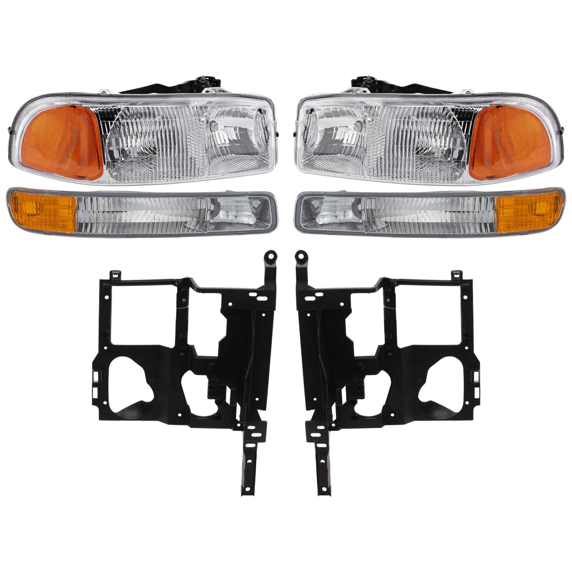 AM SIERRA 03-06 HEAD LAMP RH AND LH 6 pc kit Assembly Halogen with Headlight Bracket and Parking Light SKU KIT 081324 C205 Partslink GM2502188 GM2503188 GM1221133 GM1221132 GM2520174 GM2521174 OEM 15850351-15850352-15798924-157