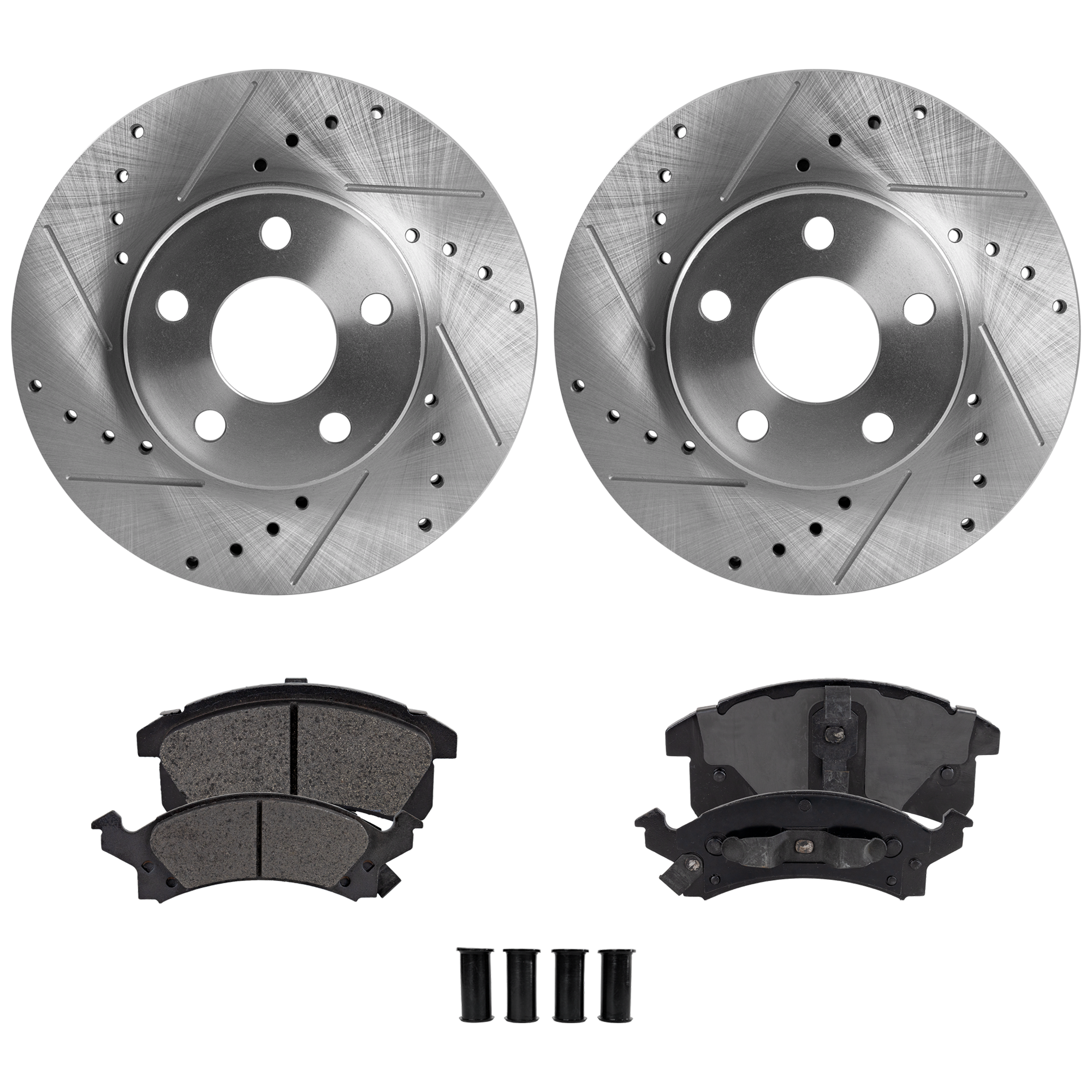 AM SKYLARK 90-98 CAVALIER 92-05 FRONT BRAKE DISC AND PAD KIT 4 pc Kit Cross drilled and Slotted SKU KIT 081324 C2072 OEM 477-5580-19815-27029-56140-651