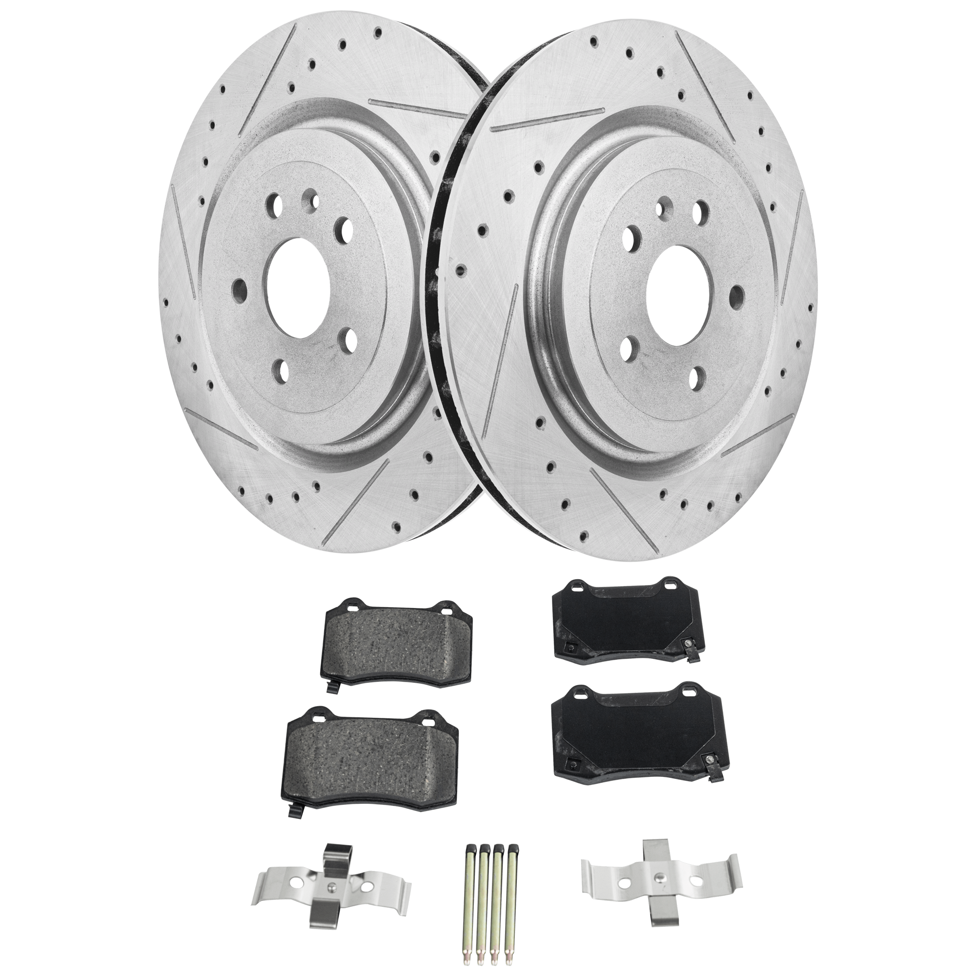 AM CTS 09-19 CAMARO 10-20 REAR BRAKE DISC AND PAD KIT 2 Wheel Set Cross drilled and Slotted w Brake Pad Set SKU KIT 081324 C2090 OEM 41251-55163-493117-850153-9007