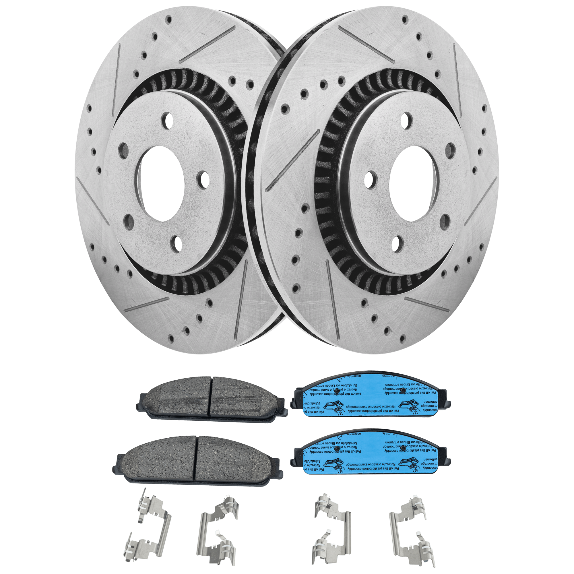 AM FIVE HUNDRED FREESTYLE 05-07 FRONT BRAKE DISC AND PAD kit 4 pc kit Cross drilled and Slotted SKU KIT 081324 C2093 OEM 5F9Z2001AA 8G1Z2001B 42145-422