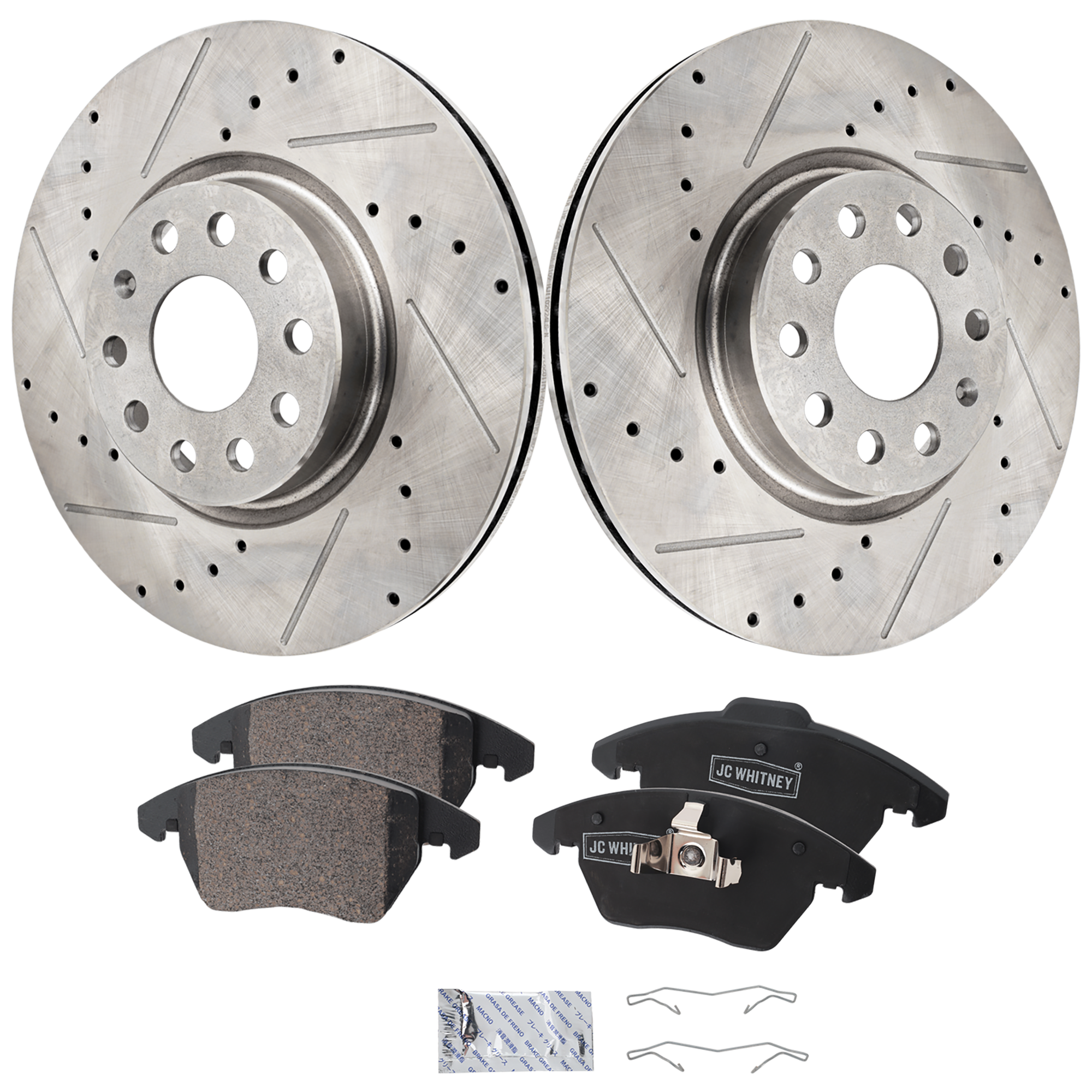 AM JETTA 11-18 BEETLE 12-19 FRONT BRAKE DISC AND PAD kit 4 pc kit Cross drilled and Slotted SKU KIT 081324 C2099 OEM 1609987980-425260-425323-42534