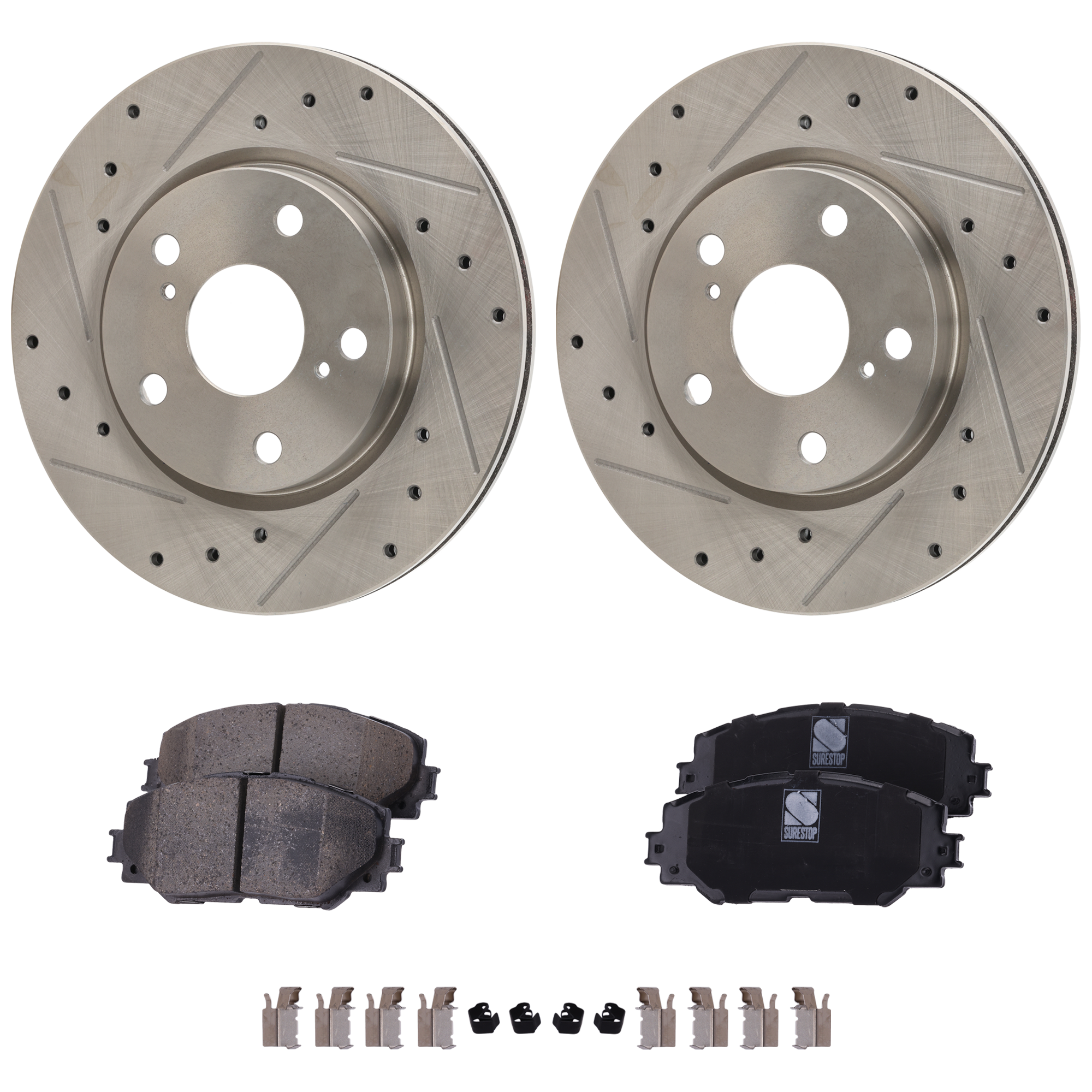 AM PRIUS V 13-17 RAV4-09-18 FRONT BRAKE DISC AND PAD KIT 2 Wheel Set Cross drilled and Slotted SKU KIT 081324 C2106 OEM 31440-44650-60408-0833287-0833