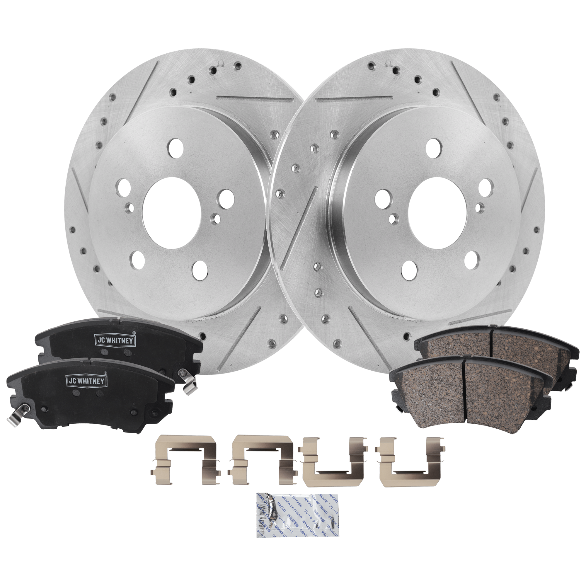 AM COROLLA 14-19 PRIUS 11-22 REAR BRAKE DISC AND PAD KIT 2 Wheel Set Cross drilled and Slotted Solid 5 Lugs SKU KIT 081324 C2121 OEM 44633-55159-0833354-850096-900