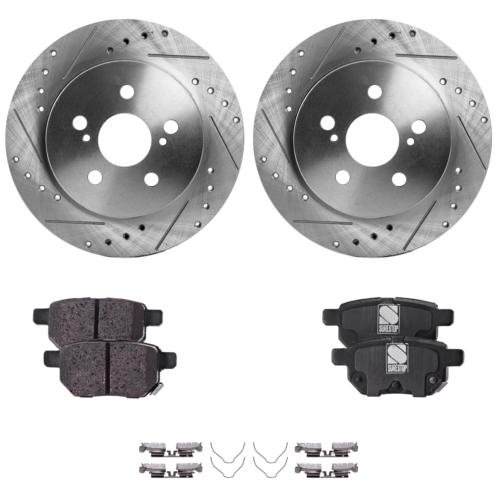 AM COROLLA 14-19 PRIUS 11-22 REAR BRAKE DISC AND PAD KIT 2 Wheel Set Cross drilled and Slotted Solid 5 Lugs SKU KIT 081324 C2122 OEM 44-633-551-590-833-300-000-000-000