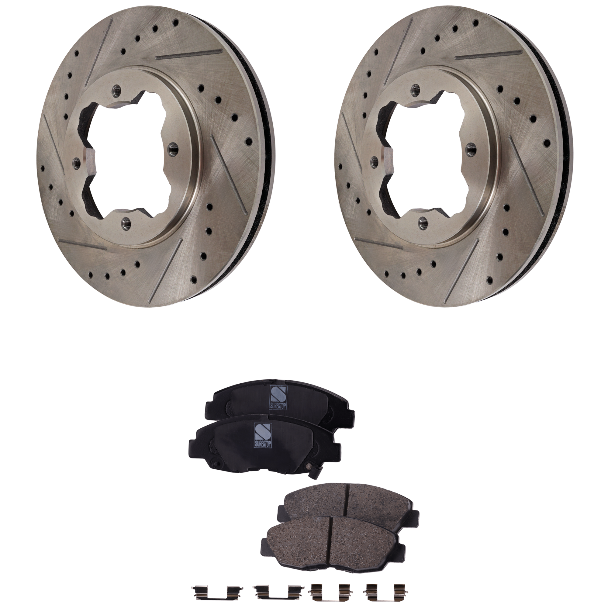 AM ACCORD 90-97 CL 97-97 FRONT BRAKE DISC AND PAD KIT 2 Wheel Set Cross drilled and Slotted SKU KIT 081324 C2141 OEM 1-403-287-198-232-530-000-000-000