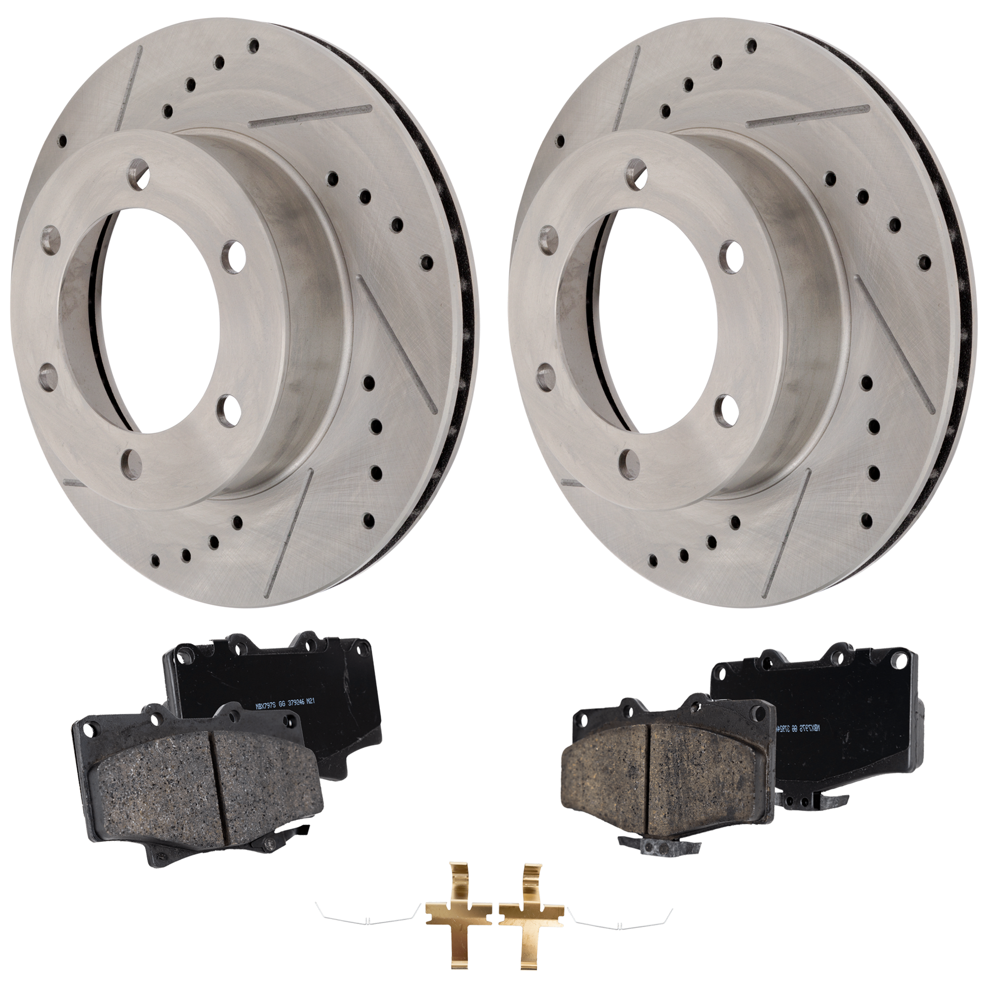 AM 4RUNNER 96-00 FRONT BRAKE DISC AND PAD KIT 2 Wheel Set SKU KIT 081324 C2144 OEM 19788-25513-31165-63590-86575
