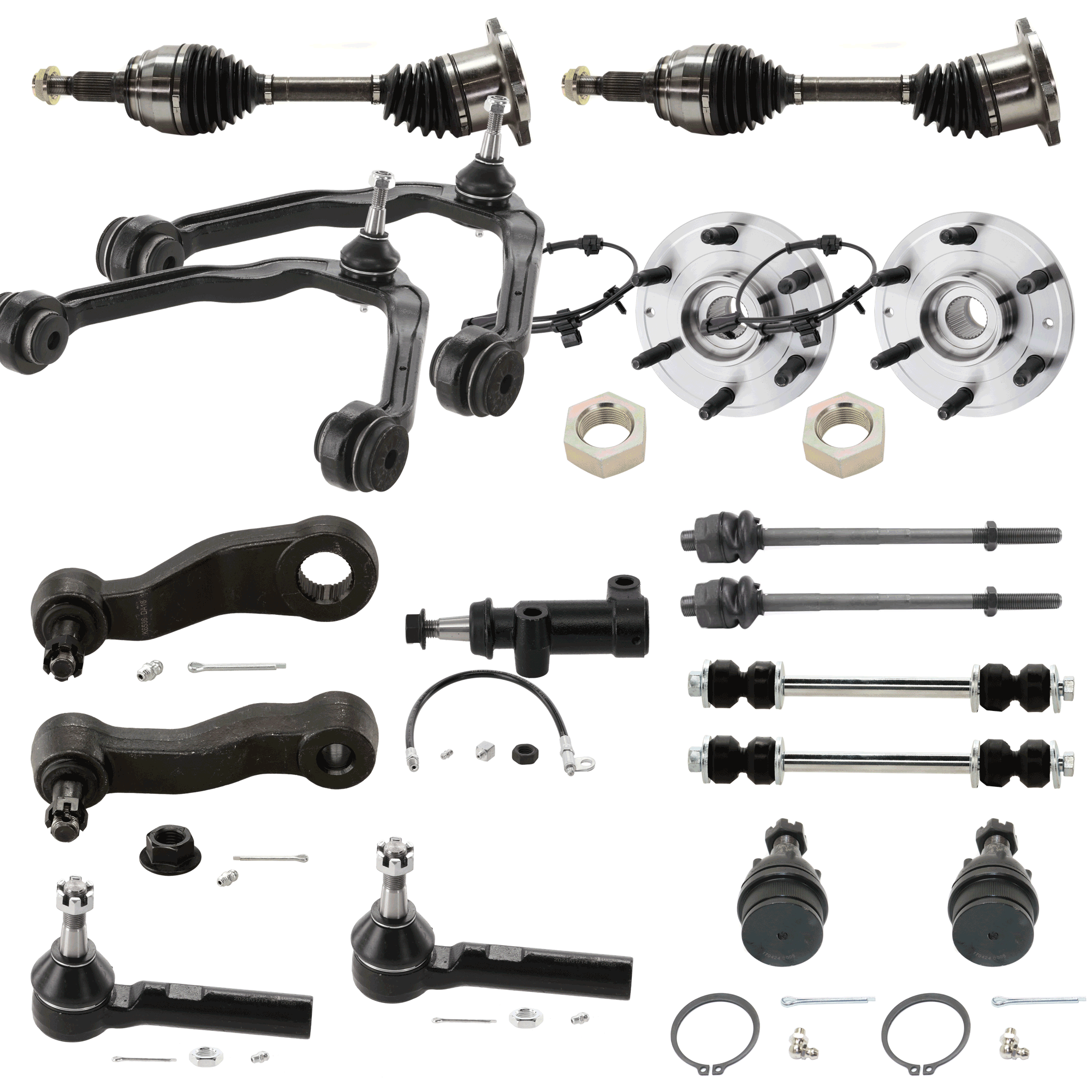 AM SILVERADO SIERRA 1500 PICKUP 99-06 FRONT CV AXLE ASSEMBLY RH AND LH 10 pc kit with Ball Joint Control Arm Tie Rod End Idler Arm Wheel Hub Idler Arm Bracket Sway Bar Link and Pitman Arm SKU KIT 081324 C23 OEM 104327-2601528-5051272-1247281