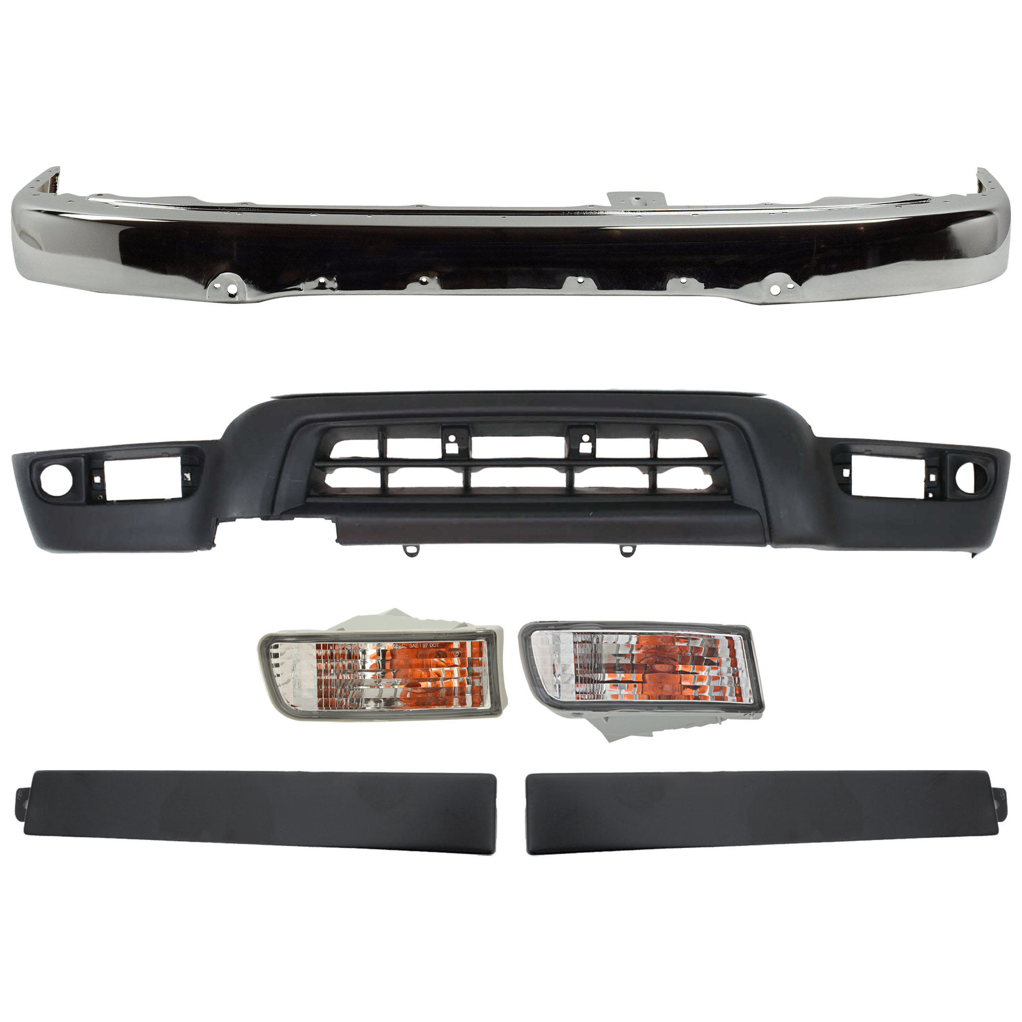AM 4RUNNER 99-02 FRONT BUMPER 6 pc kit w Valance Turn Signal Light and Grille Assembly SKU KIT 081324 C331 Partslink TO1002168 TO1088103 TO1089103 TO2531133 TO2530133 TO1095182 OEM 5210135660-5251335030-52512350
