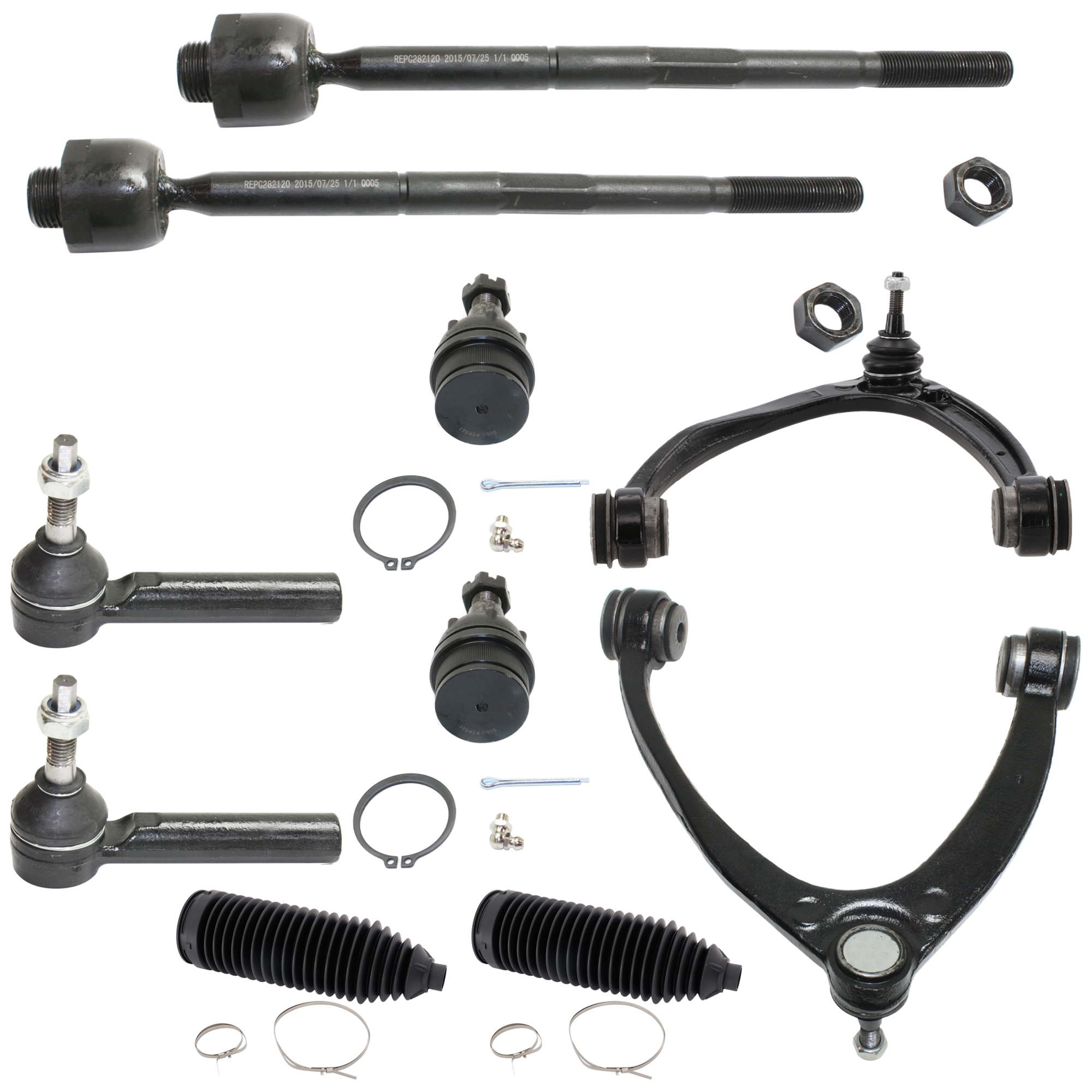 AM ESCALADE 07-14 FRONT CONTROL ARM RH AND LH Upper and Lower Inner and Outer w ball joint s 10 pc Kit with Ball Joint Steering Rack Boot and Tie Rod End SKU KIT 081324 C338 OEM 15096197-25812725-15096198-258