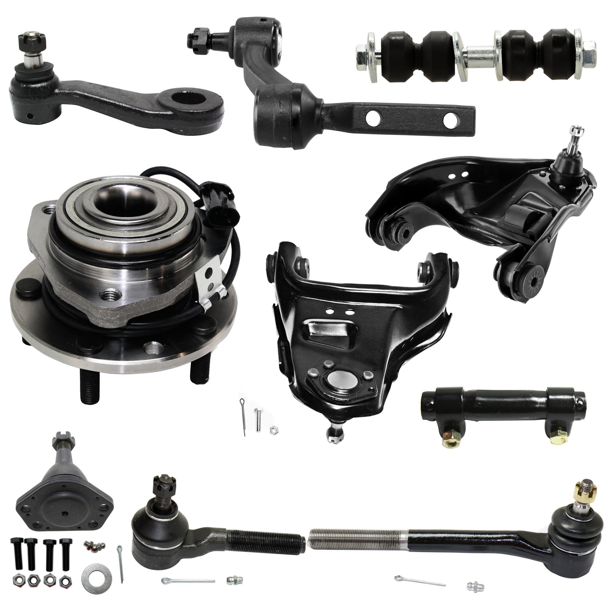AM BLAZER JIMMY 98-05 FRONT HUB ASSEMBLY RH AND LH 10 pc kit 5 Studs 5 x 4.75 in. Bolt Pattern with Ball Joint Control Arm Idler Arm Pitman Arm and Tie Rod End SKU KIT 081324 C34 Partslink GM4512100 GM4513100 OEM 12413045-10390-286004-2601274