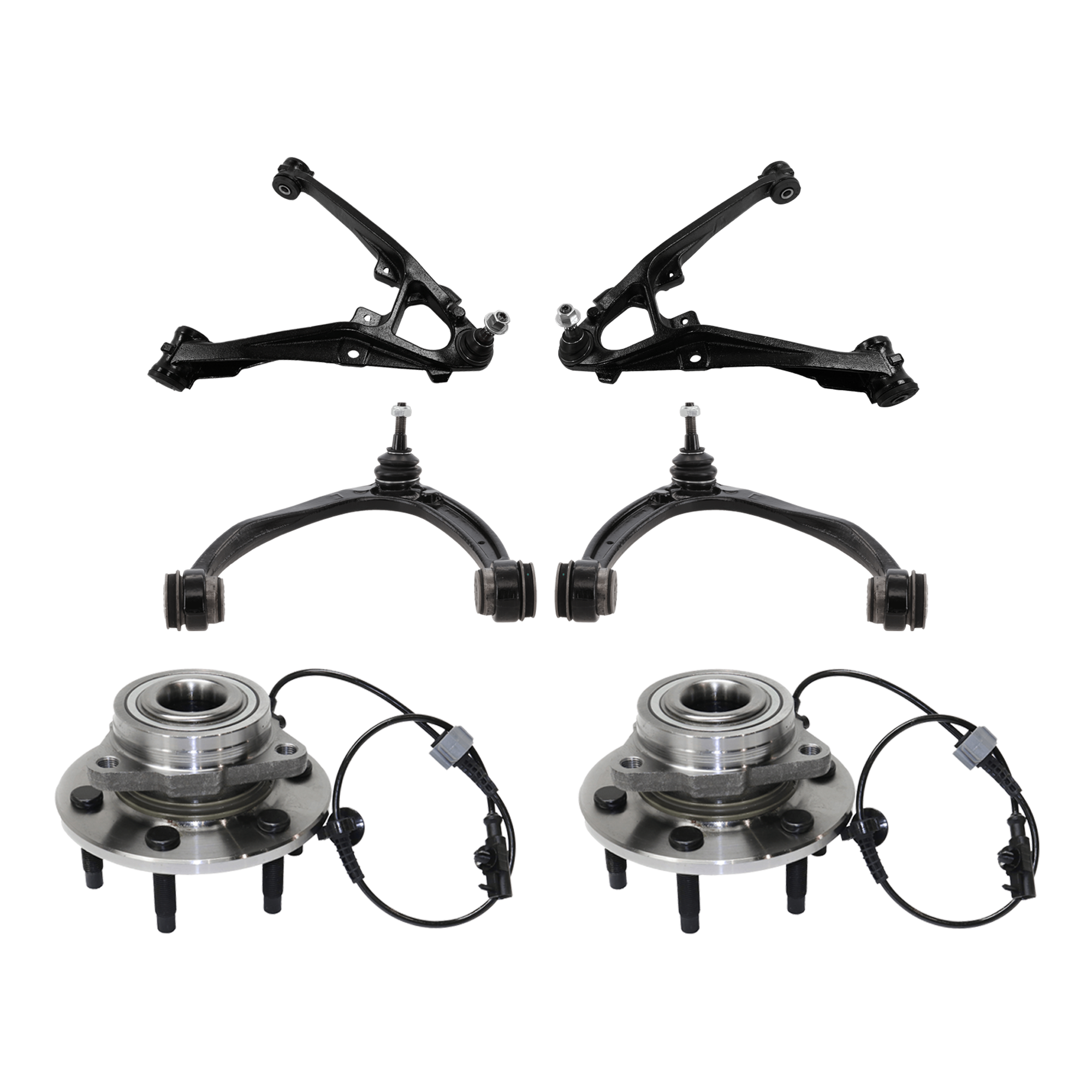 AM SILVERADO 1500 SIERRA 1500-07-13 FRONT CONTROL ARM RH AND LH Upper and Lower w ball joint s 6 pc Kit with Wheel Hub SKU KIT 081324 C373 OEM 15096197-25812725-15096198-258