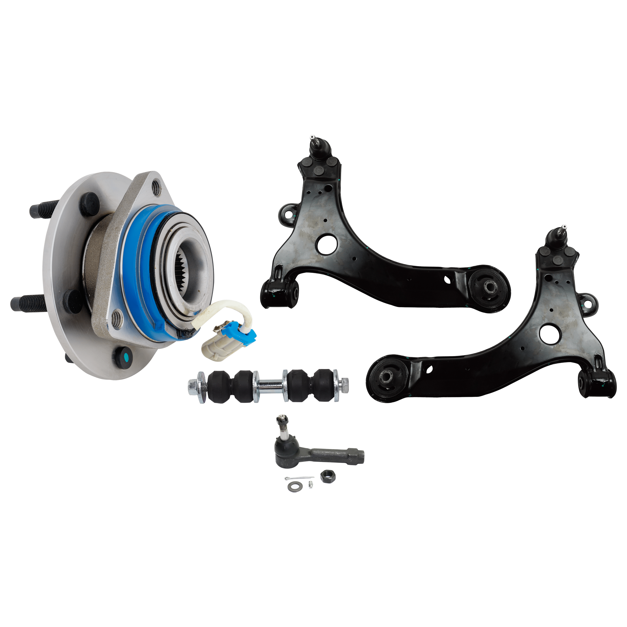 AM VENTURE 97-04 FRONT CONTROL ARM RH AND LH 5 pc kit with Sway Bar Link Tie Rod End and Wheel Hub SKU KIT 081324 C377 OEM 10344930-10420754-10344931-104