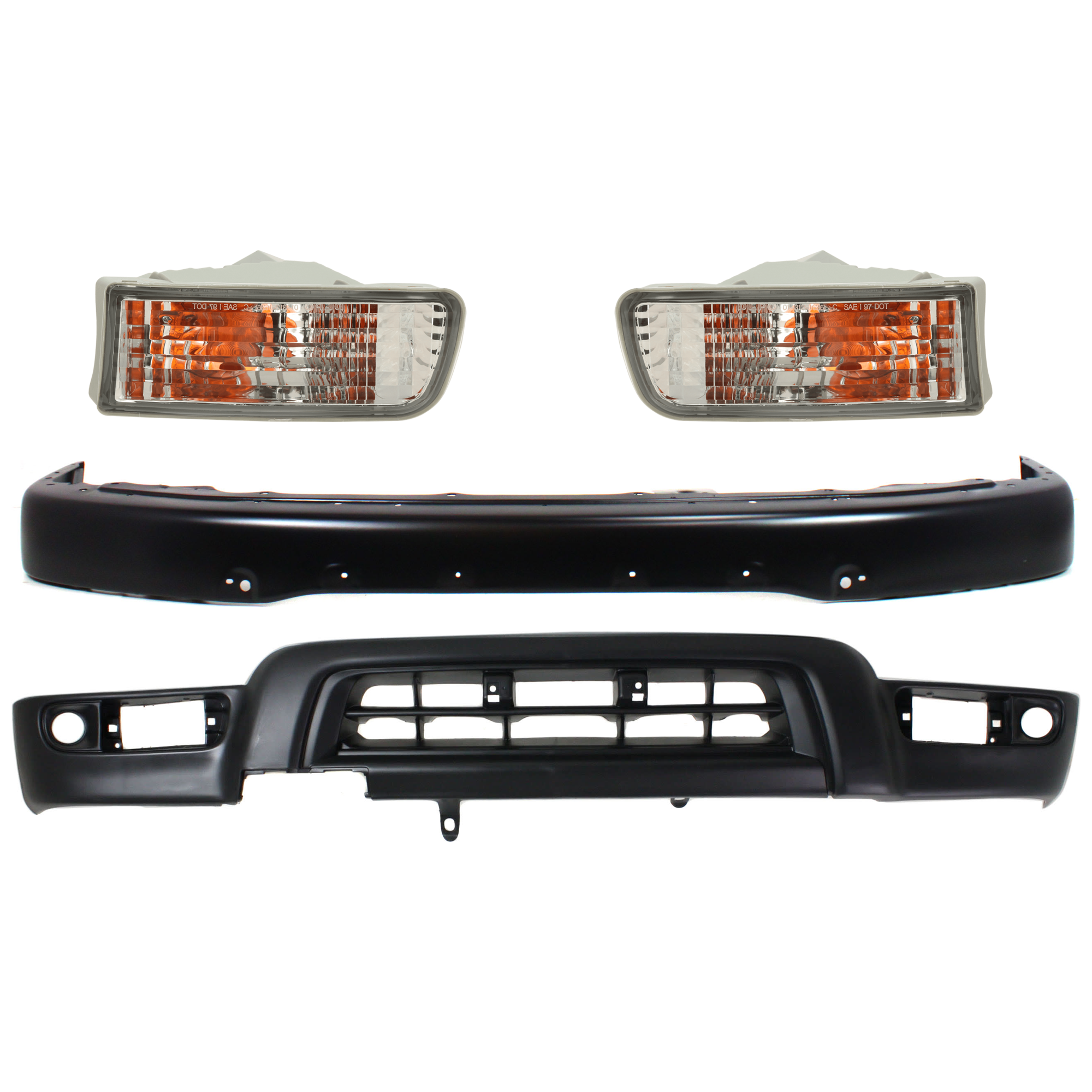 AM 4RUNNER 99-02 FRONT BUMPER 4 pc kit Face Bar Black with Fender Flare Holes Base SR5 Limited Models with Sport Pkg. with Turn Signal Light and Valance SKU KIT 081324 C511 Partslink TO1002166 TO2531133 TO2530133 TO1095181 OEM 5210135927-8151035260-81520352