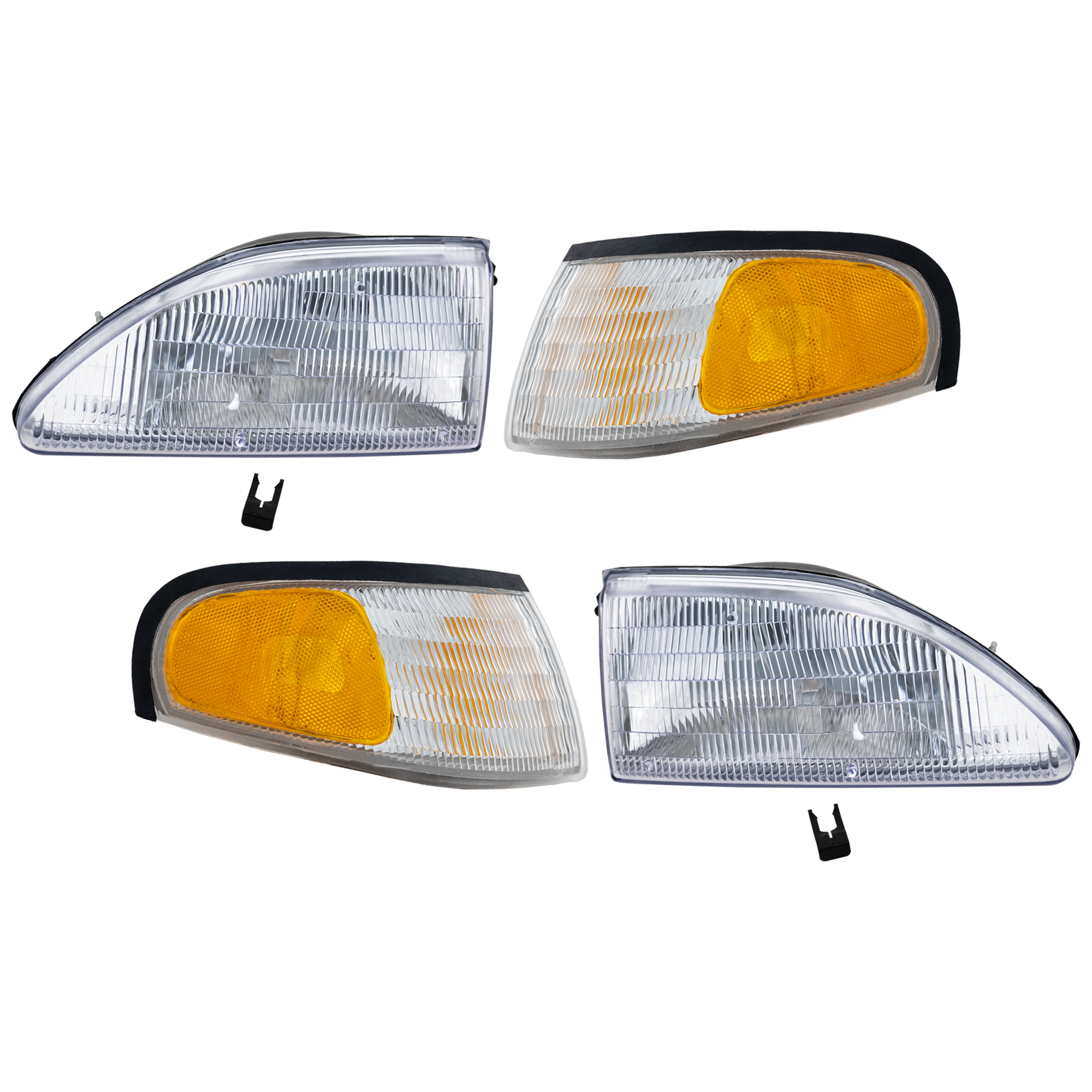 AM MUSTANG 94-98 HEAD LAMP RH AND LH 4 pc kit Assembly Halogen with Corner Light SKU KIT 081324 C513 Partslink FO2502130 FO2503130 FO2520125 FO2521125 OEM F4ZZ13008E F4ZZ13008F F4ZZ1320