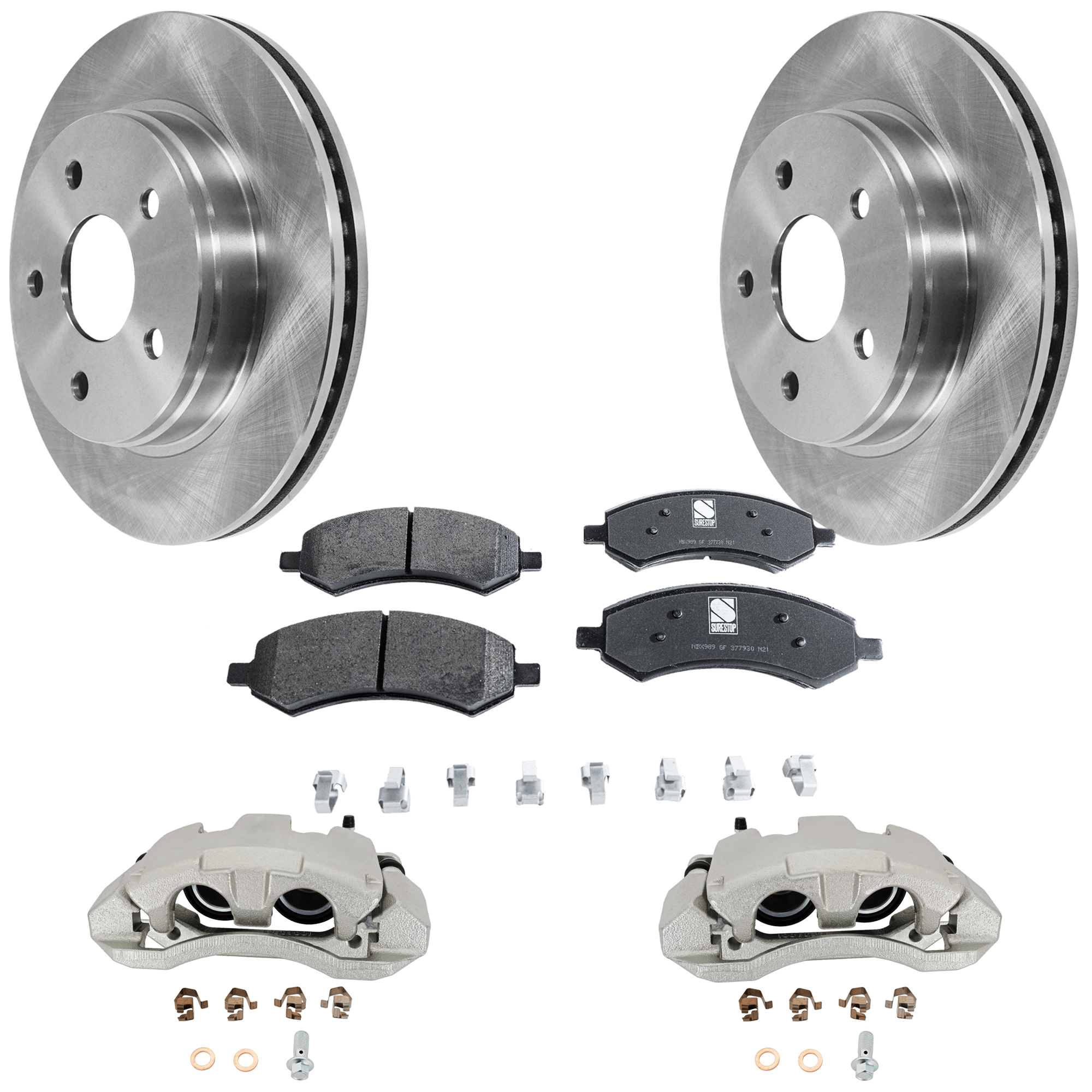 AM RAM 1500 P U 02-18 DURANGO 04-09 ASPEN 07-09 FRONT BRAKE KIT WITH CALIPERS 2 Wheel Set Includes 2 Brake Caliper 2 Brake Disc and 1 Brake Pad Set Plain Surface SKU KIT 081324 C523 OEM 52010080AA 52010080AE 5143350A