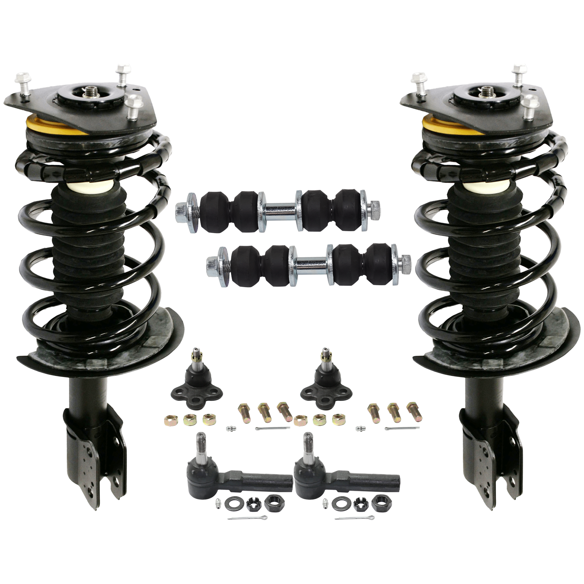 AM CENTURY 97-05 MONTE CARLO 00-07 FRONT FULLY LOADED STRUT RH AND LH Gas Charged Twin tube w Ball Joint Tie Rod End and Sway Bar Link Set of 8 SKU KIT 081324 C563 OEM 22064733-22064734-104257-28