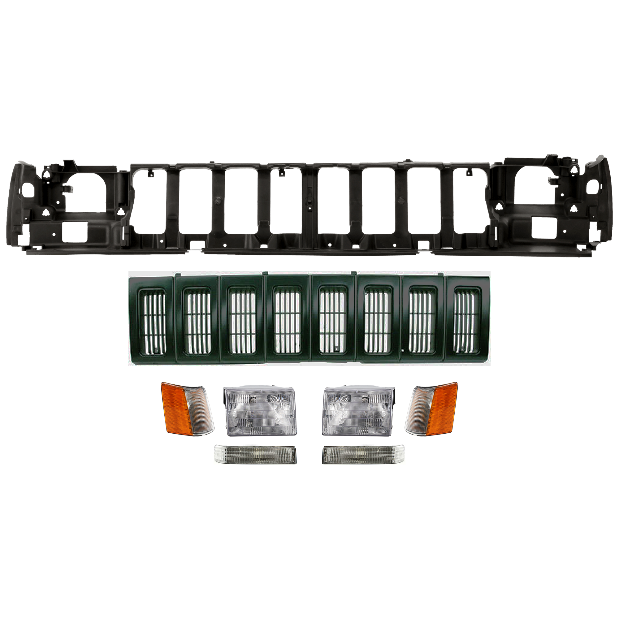 AM GRAND CHEROKEE 93-95 HEADER PANEL 8 pc Kit w o Headlight Leveling Device ABS Plastic SKU KIT 081324 C64 Partslink CH1220110 CH2520121 CH2521121 CH1200142 CH2503104 CH2502104 CH2521120 CH2520120 OEM 55054886-56005105-56005104-5DF