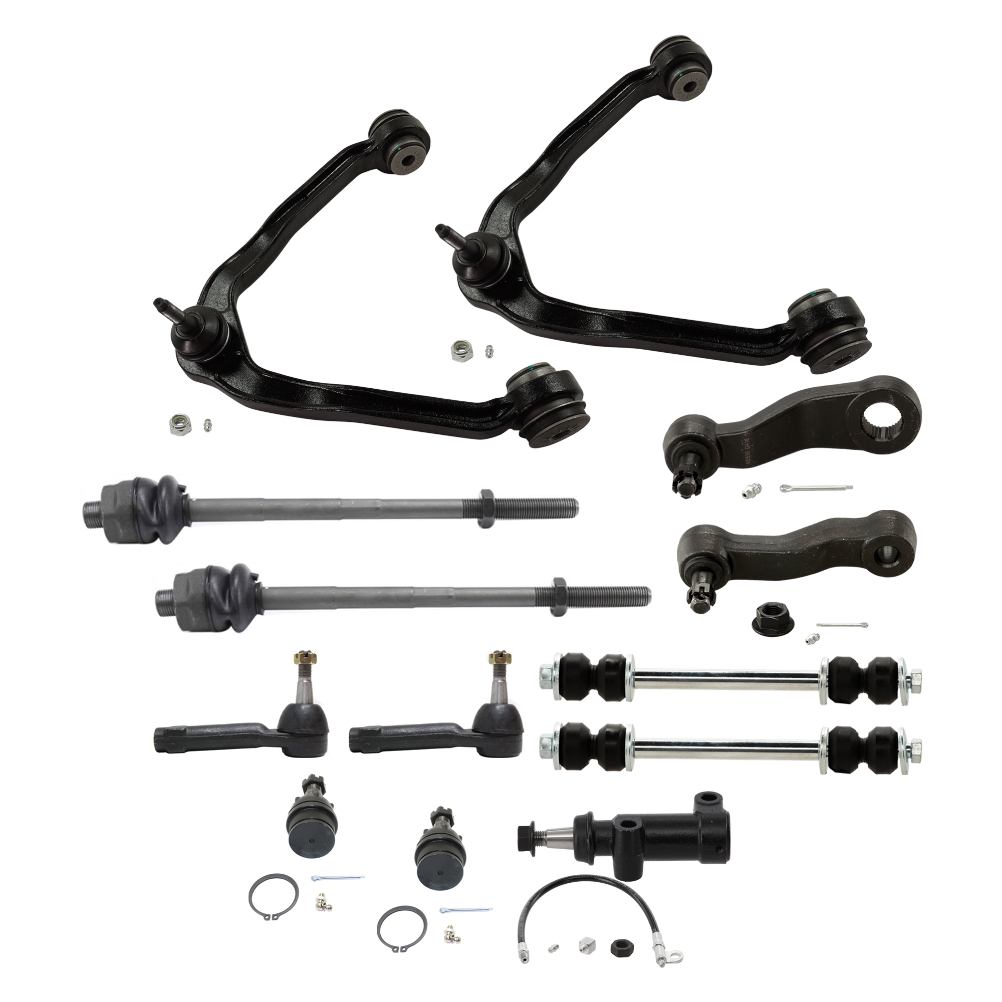 AM SILVERADO 1500-99-06 FRONT CONTROL ARM RH AND LH Upper and Lower Inner and Outer w ball joint s 13 pc Kit with Ball Joint Idler Arm Idler Arm Bracket Pitman Arm Sway Bar Link and Tie Rod E SKU KIT 081324 C81 OEM 104327-2601528-5051272-1247