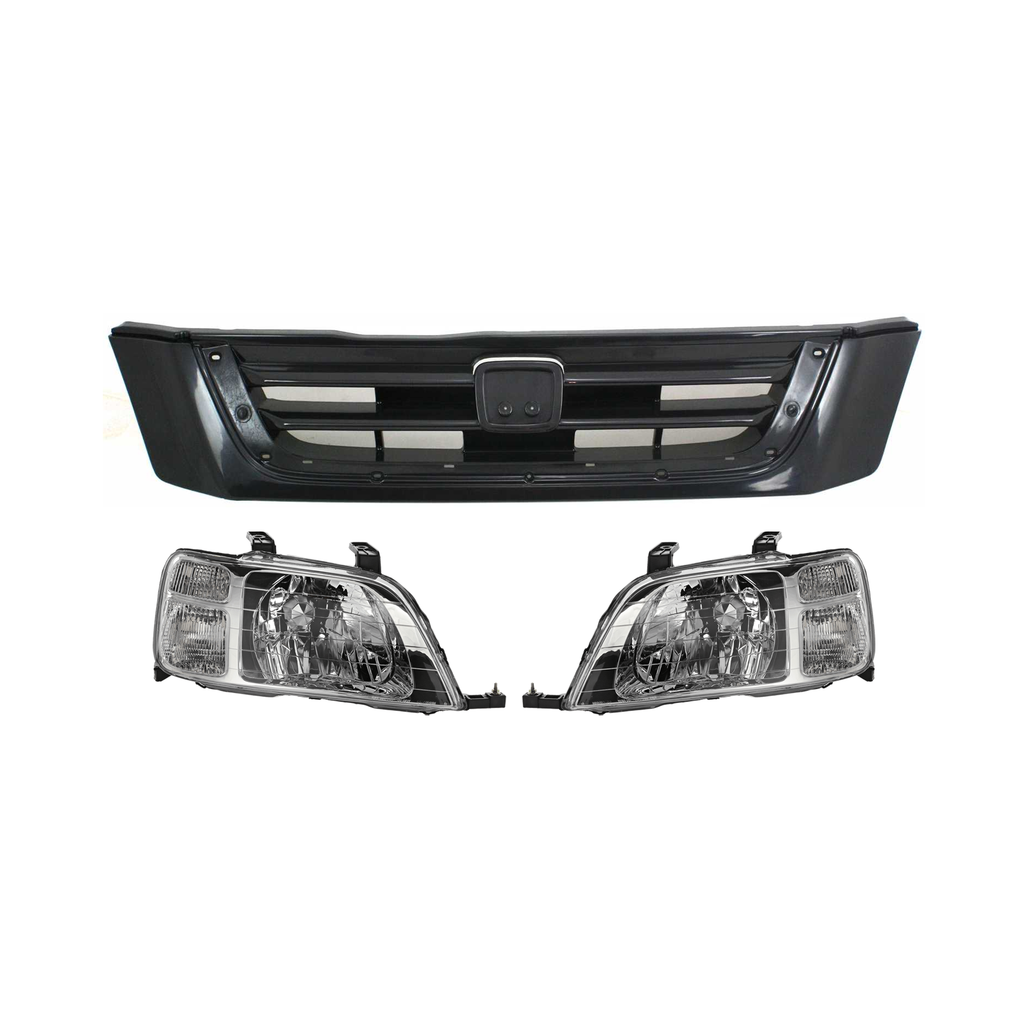 AM CR V 97-01 HEAD LAMP RH AND LH 3 pc Kit with Grille Assembly SKU KIT 081324 C853 Partslink HO2502112 HO2503112 HO1200138 OEM 33101S10A01-33151S10A01-75101S