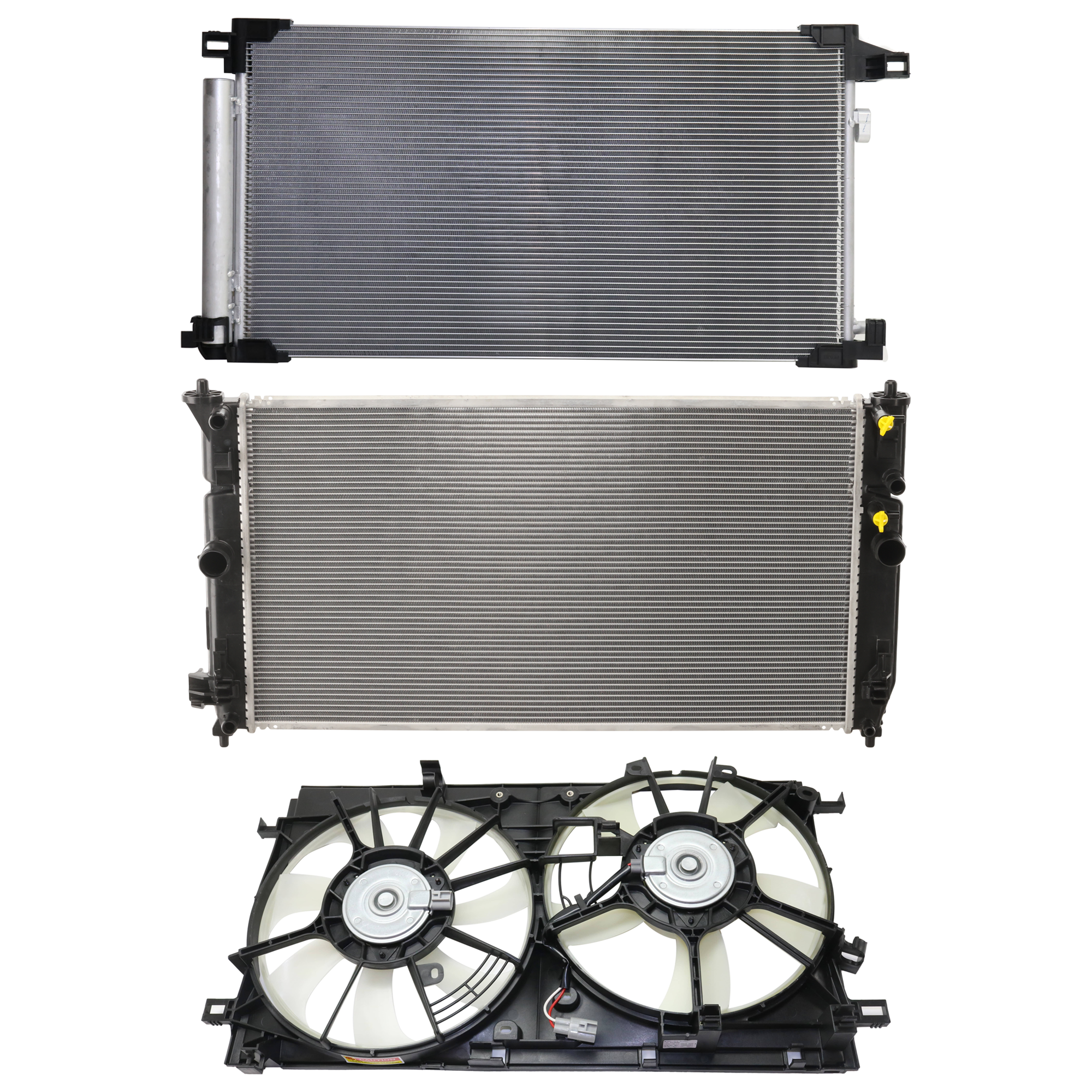 AM PRIUS 16-19 COROLLA 20-20 RADIATOR FAN ASSEMBLY Dual Fan 3 pc Kit SKU KIT 081324 C876 Partslink TO3115191 TO3030331 TO3010353 OEM 1671137160 PFM 1636137070-1636
