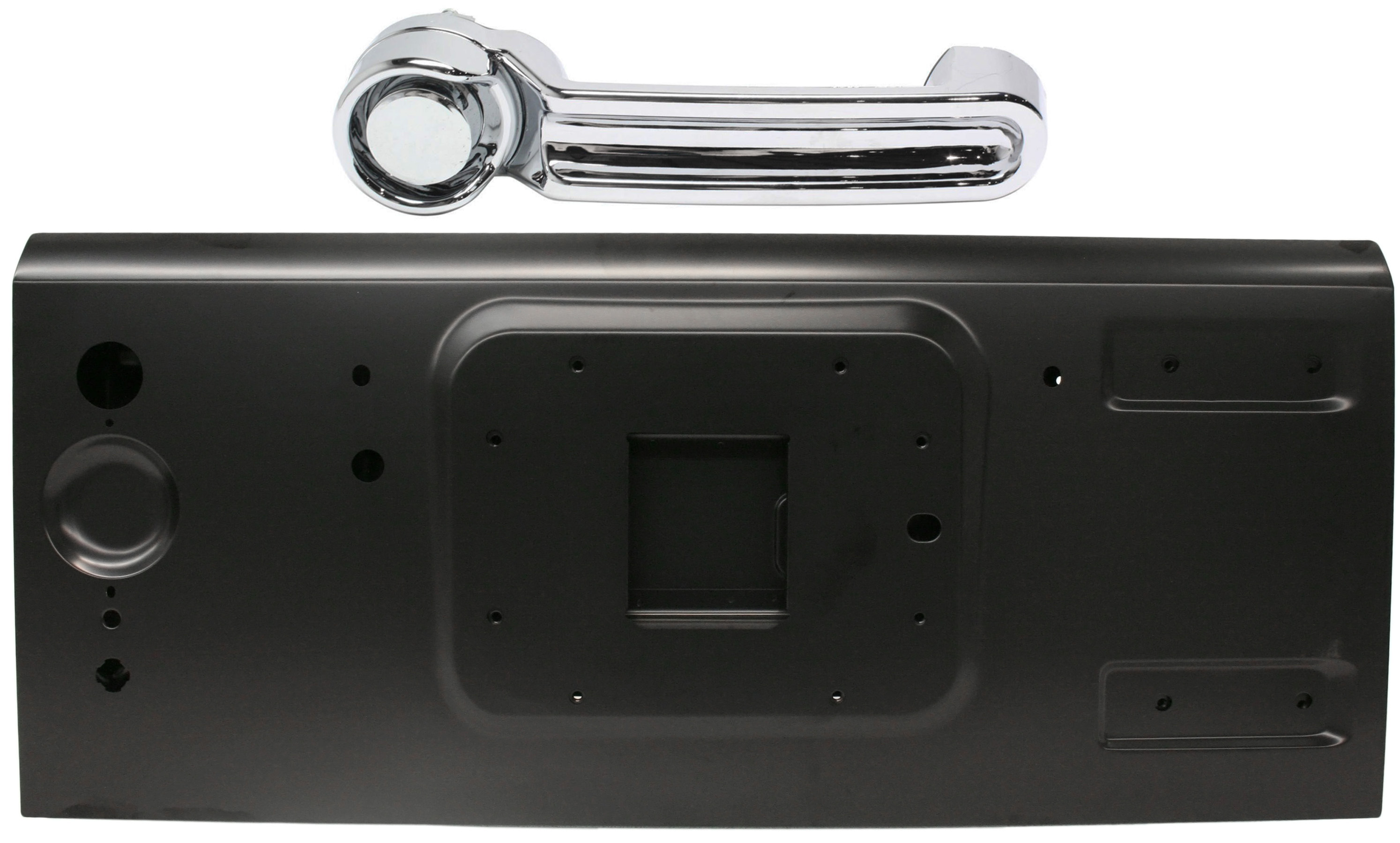 AM WRANGLER JK 07-17 TAILGATE KIT Steel Outside All Chrome w o Keyhole Plastic 2 pc Kit with Tailgate Handle SKU KIT 081417-29 Partslink CH1900127 CH1900130 OEM 68002355AB 68079246AB 55395410
