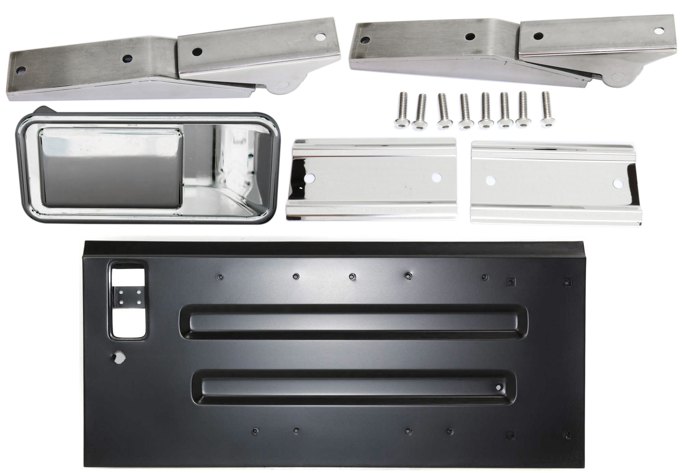 AM WRANGLER 97-06 TAILGATE KIT All Chorme Metal and Tailgate Hinge Stainless 4 pc Kit with Tailgate Hinge and Exterior Door Handle SKU KIT 081417-49 Partslink CH1900124 OEM 55176340AG 55176548AB PFM 5539
