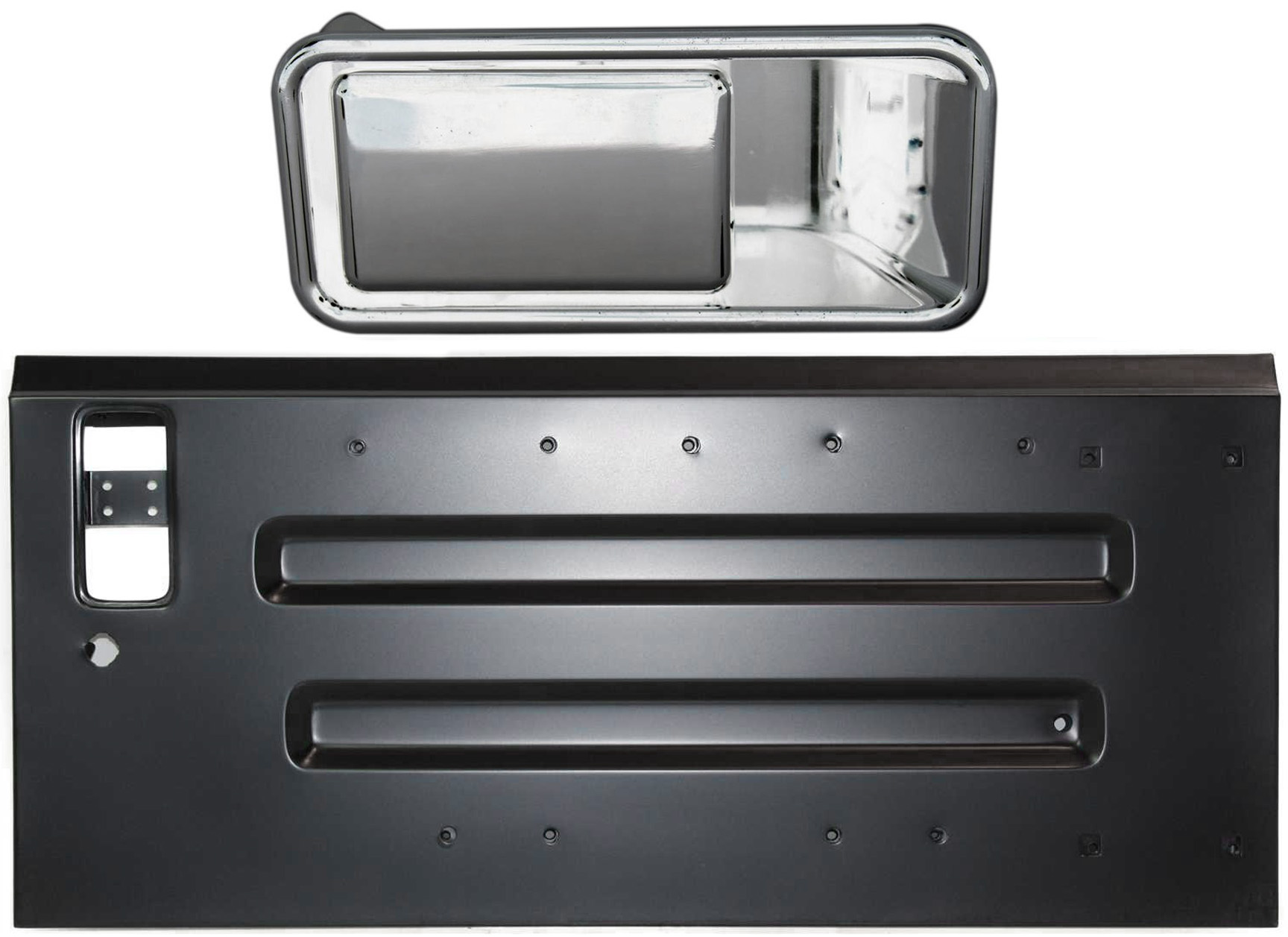 AM WRANGLER 97-06 TAILGATE KIT All Chrome Metal 2 pc Kit with Exterior Door Handle SKU KIT 081417-51 Partslink CH1900124 OEM 55176340AG 55176548AB PFM