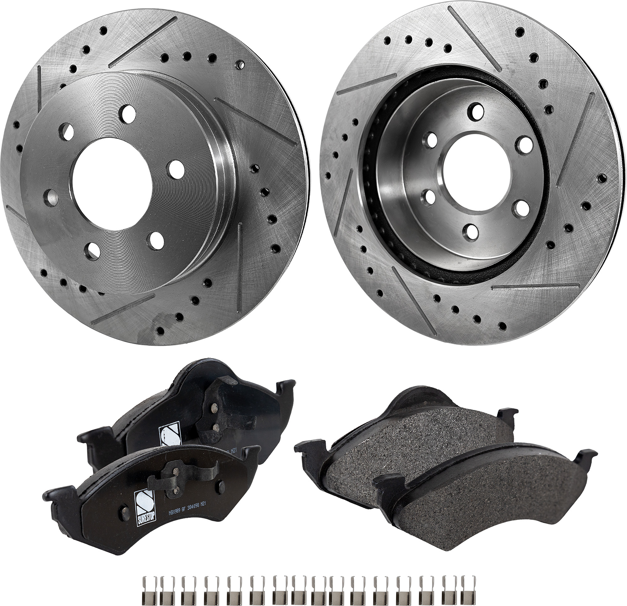 AM DAKOTA DURANGO 00-02 FRONT BRAKE DISC AND PAD KIT 4 pc kit Cross drilled and Slotted SKU KIT 081422-01 OEM 5382-19748-65940-76645-86645-1