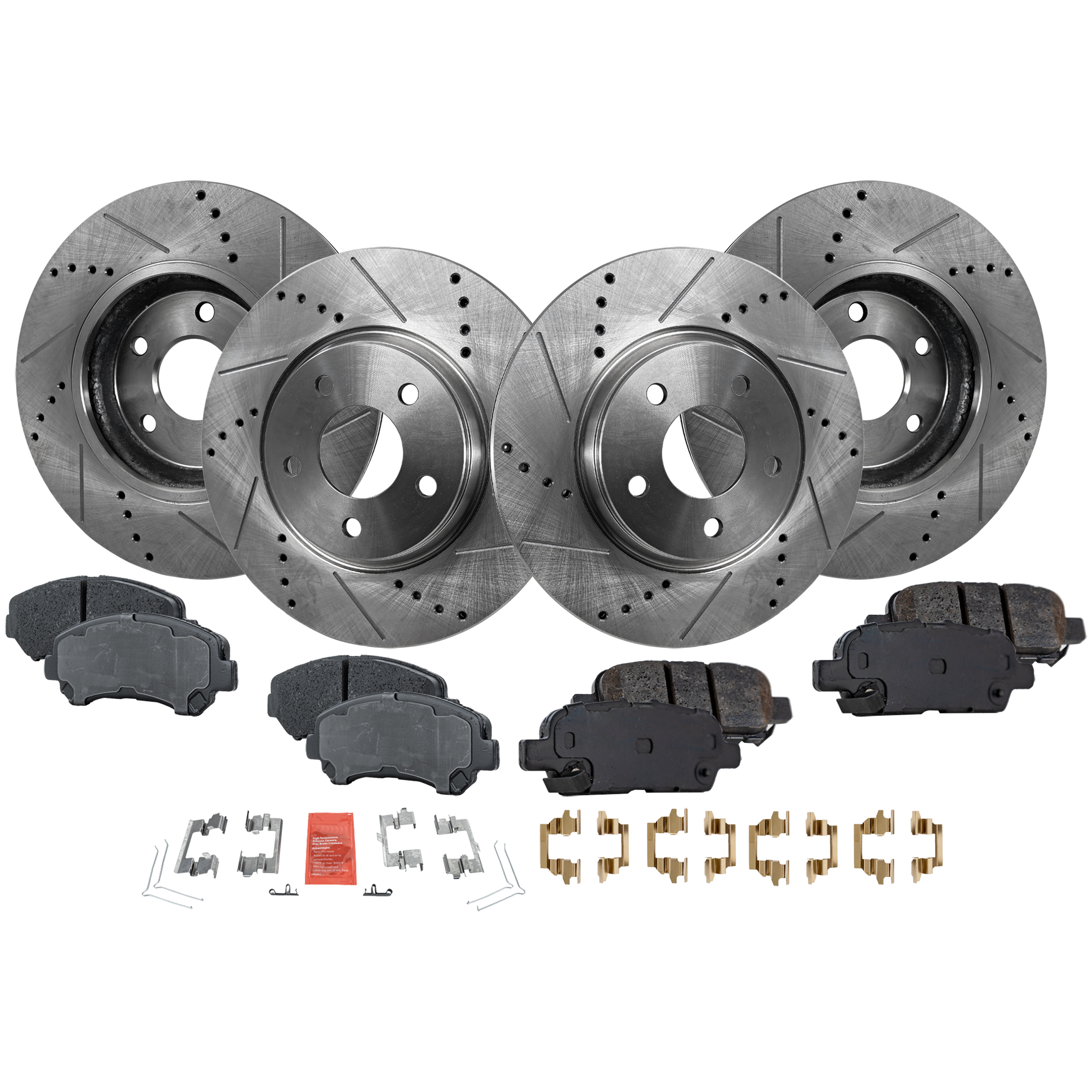 AM MAXIMA 16-17 FRONT AND REAR BRAKE DISC AND PAD KIT Cross drilled and Slotted SKU KIT 081422-02 OEM 31387-31530-44624-44676-08