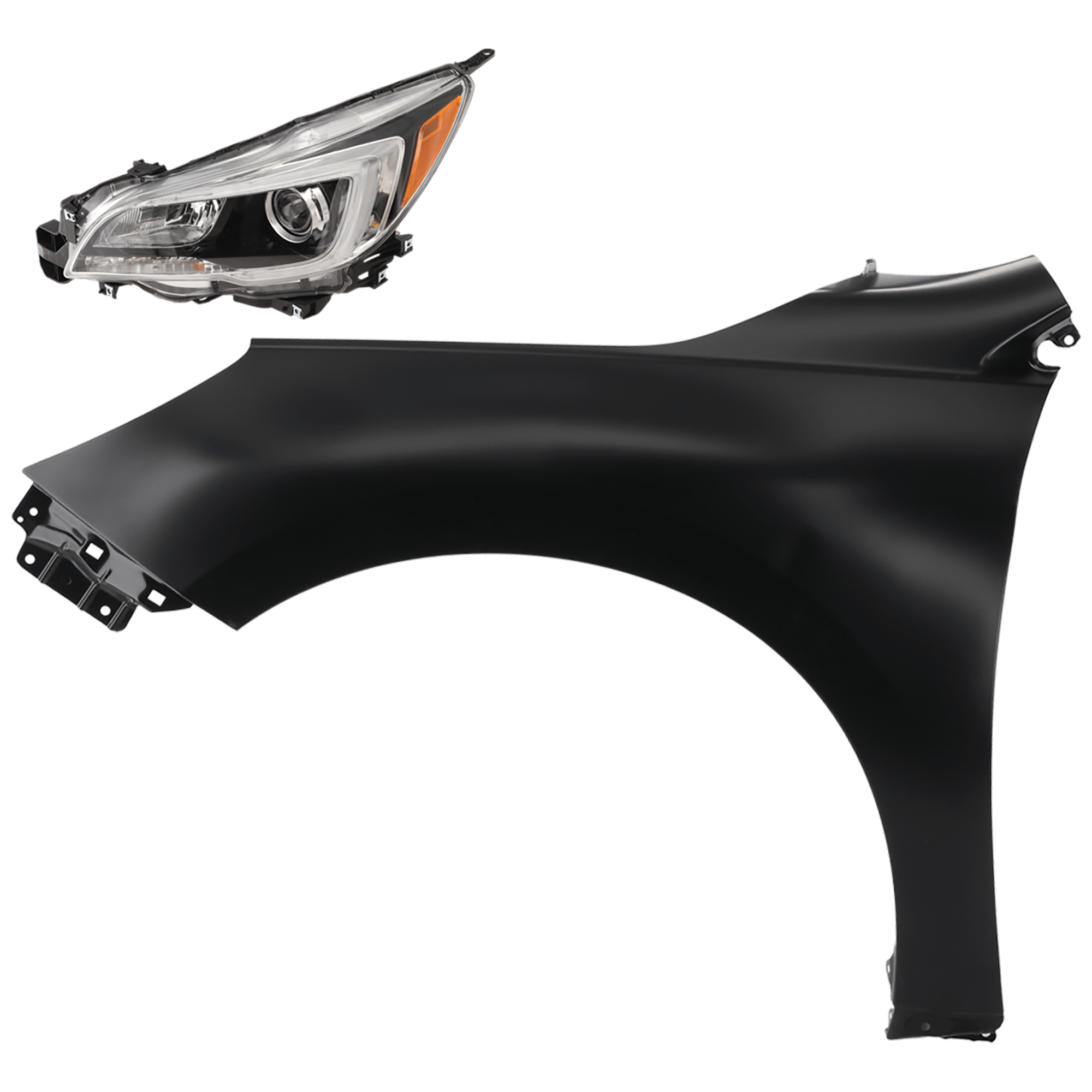 AM LEGACY 15-17 HEAD LAMP LH 2 pc Kit Assembly Halogen Black Interior with Fender SKU KIT 081526-371 Partslink SU2502149 SU1240140 OEM 84001AL03A 57120AL01A9P