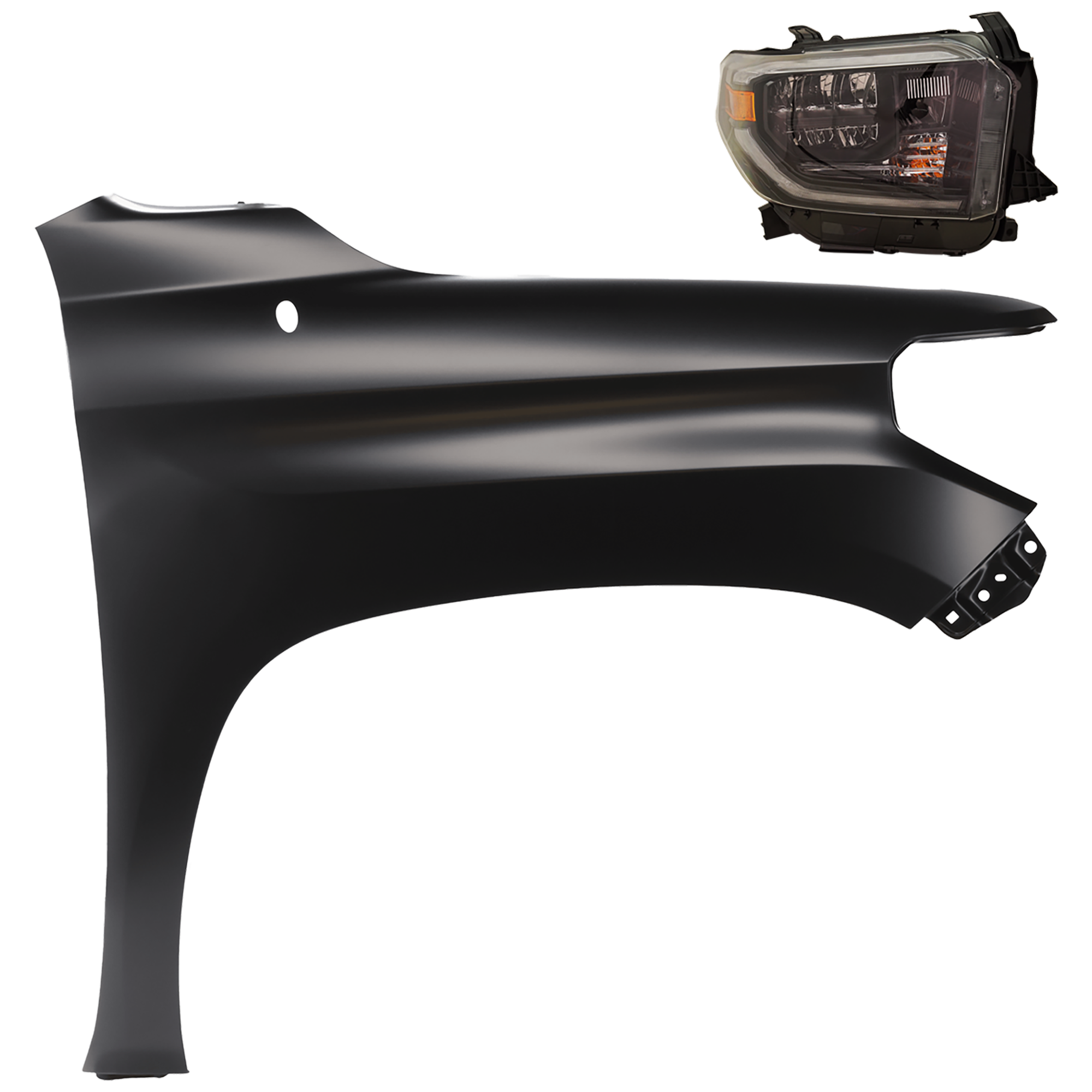 AM TUNDRA 19-19 HEAD LAMP RH 2 pc Kit Assembly LED Black Interior w Smoked Chrome Accent with Fender SKU KIT 081526-418 Partslink TO2503281 TO1241249 OEM 811100C211-538110C060