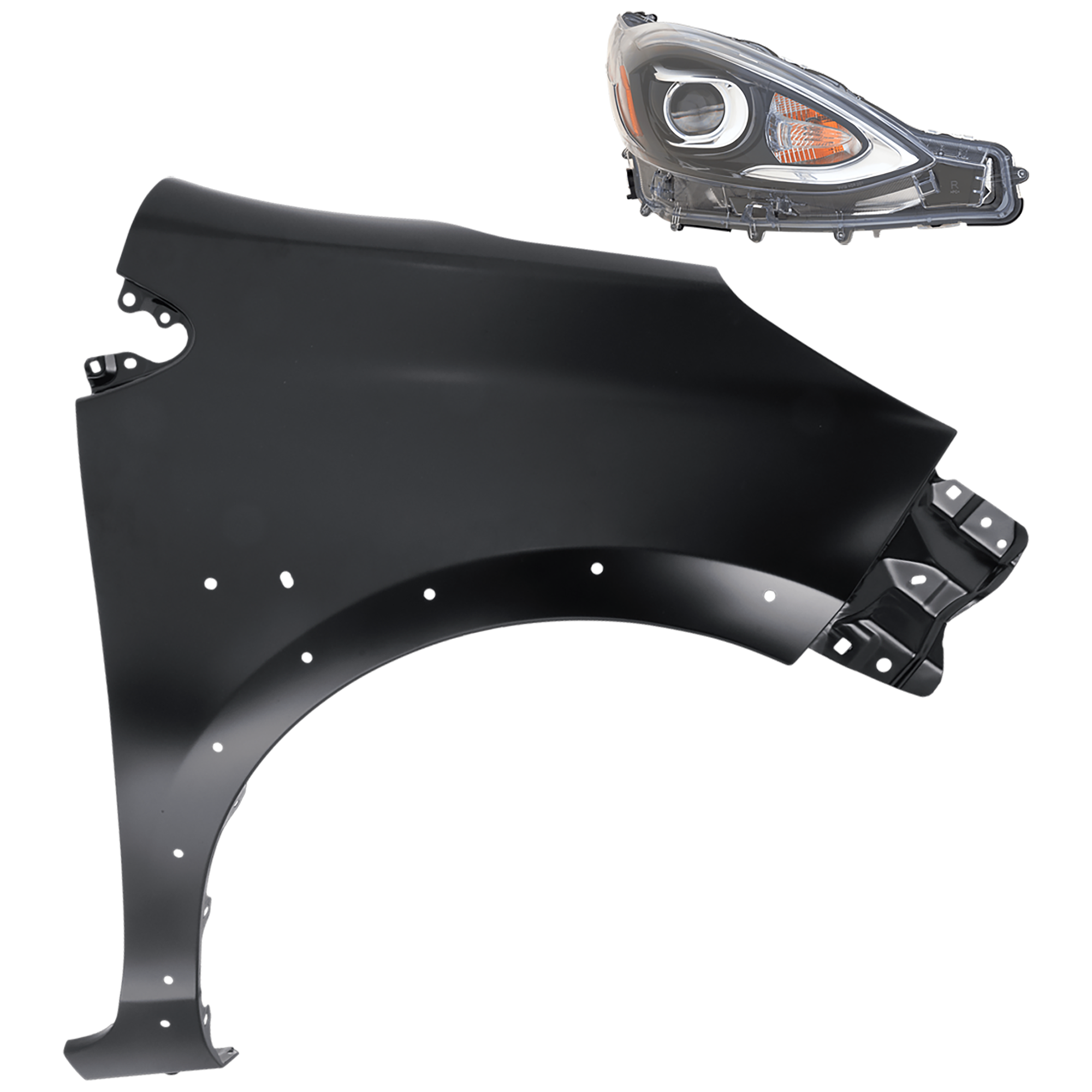 AM PRIUS C 18-19 HEAD LAMP RH 2 pc Kit Assembly LED with Fender SKU KIT 081526-530 Partslink TO2503259 TO1241270 OEM 8110552M30-5380152190
