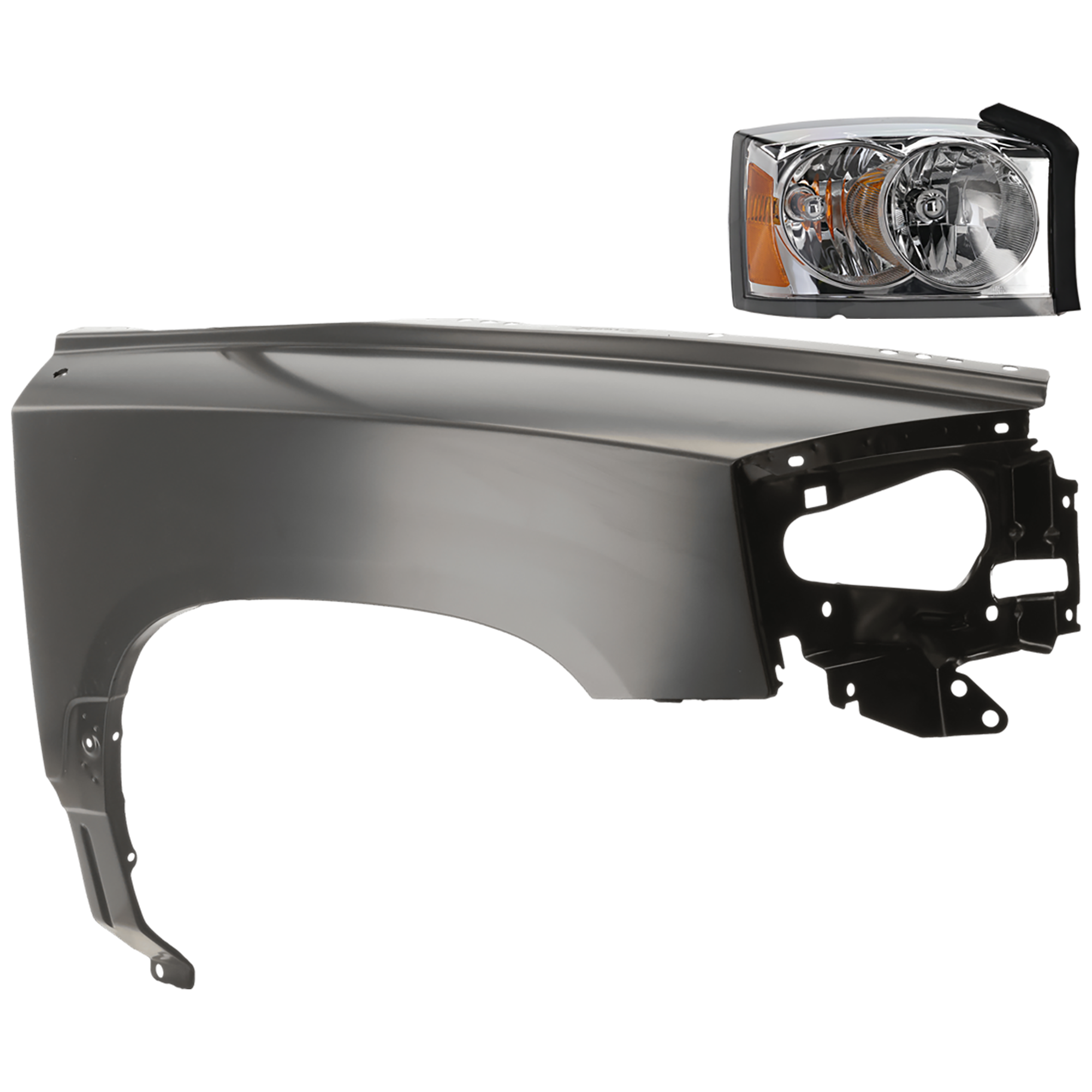 AM DAKOTA 05-07 HEAD LAMP RH 2 pc Kit Assembly Halogen Chrome Interior w Corner Light Bulb Shield with Fender SKU KIT 081526-554 Partslink CH2503159 CH1241241 OEM 55077606AB 55359248AD