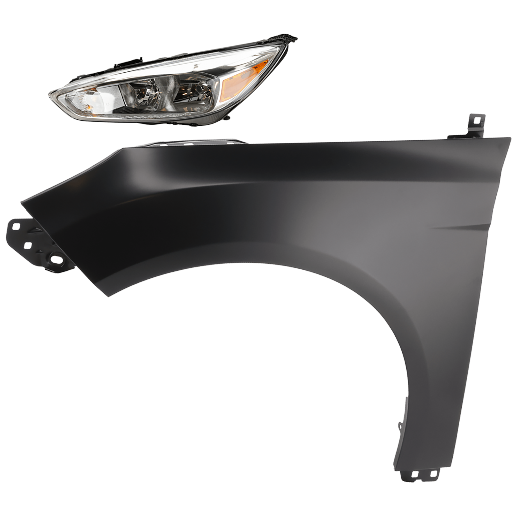 AM FOCUS 15-18 HEAD LAMP LH 2 pc Kit Assembly Halogen Chrome Interior w o LED Daytime Running Light with Fender CAPA SKU KIT 081526-579 Partslink FO1240287C OEM F1EZ13008GT PFM BM5Z16006B