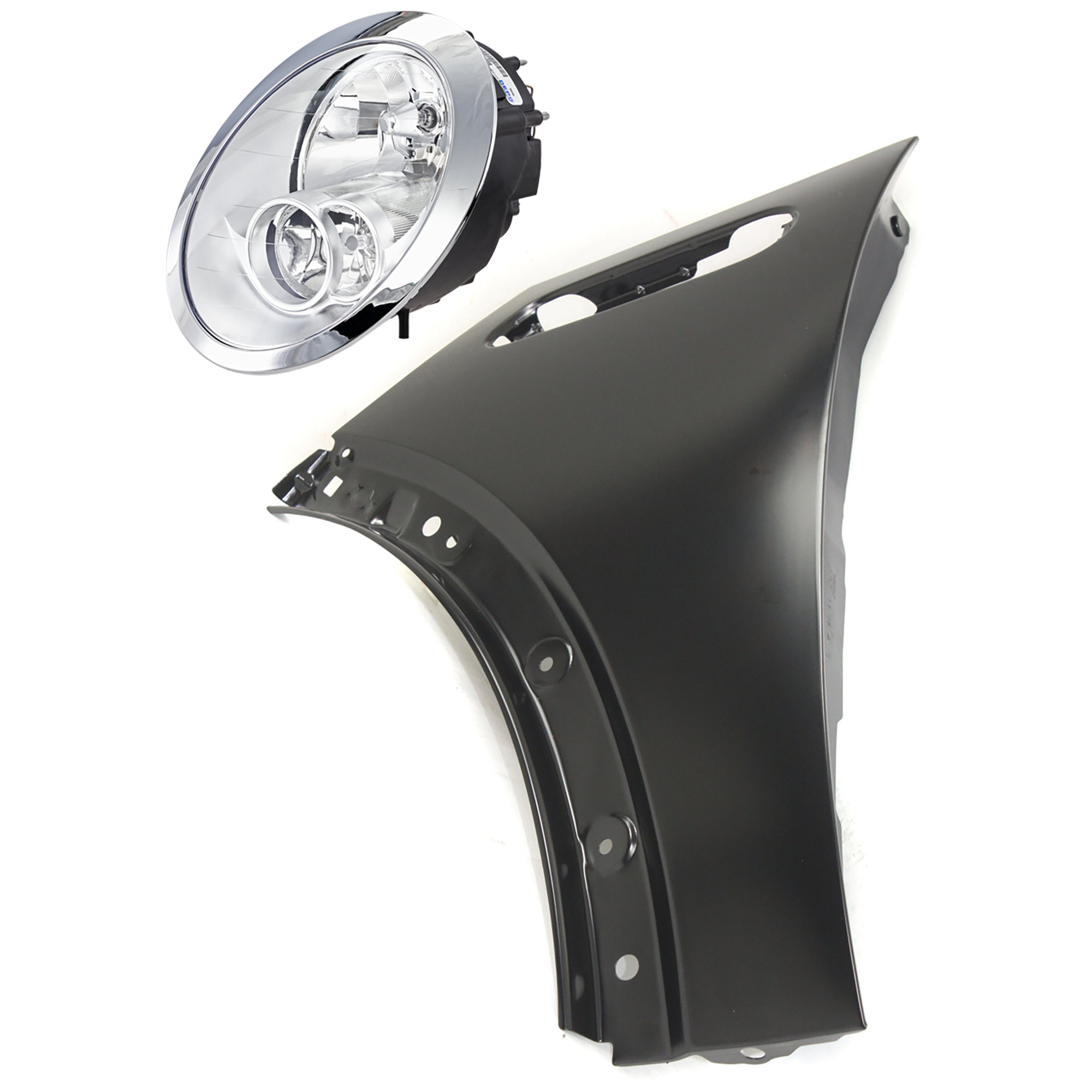 AM COOPER 05-08 HEAD LAMP LH 2 pc Kit Assembly Halogen w o Headlight Washer Base S Models with Fender SKU KIT 081526-70 Partslink MC2502102 MC1240101 OEM 63127198733-41217037437