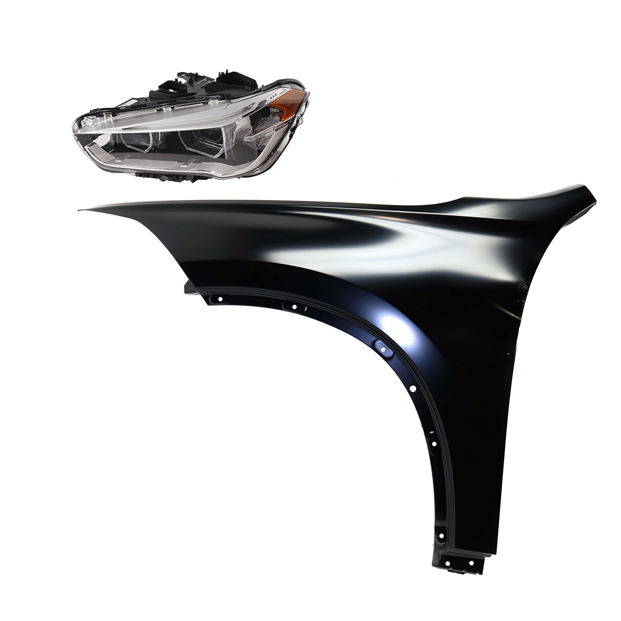 AM X1-17-19 HEAD LAMP LH 2 pc Kit Assembly LED with Fender SKU KIT 081526-81 Partslink BM2518174 BM1240169 OEM 63117436465-41007427299