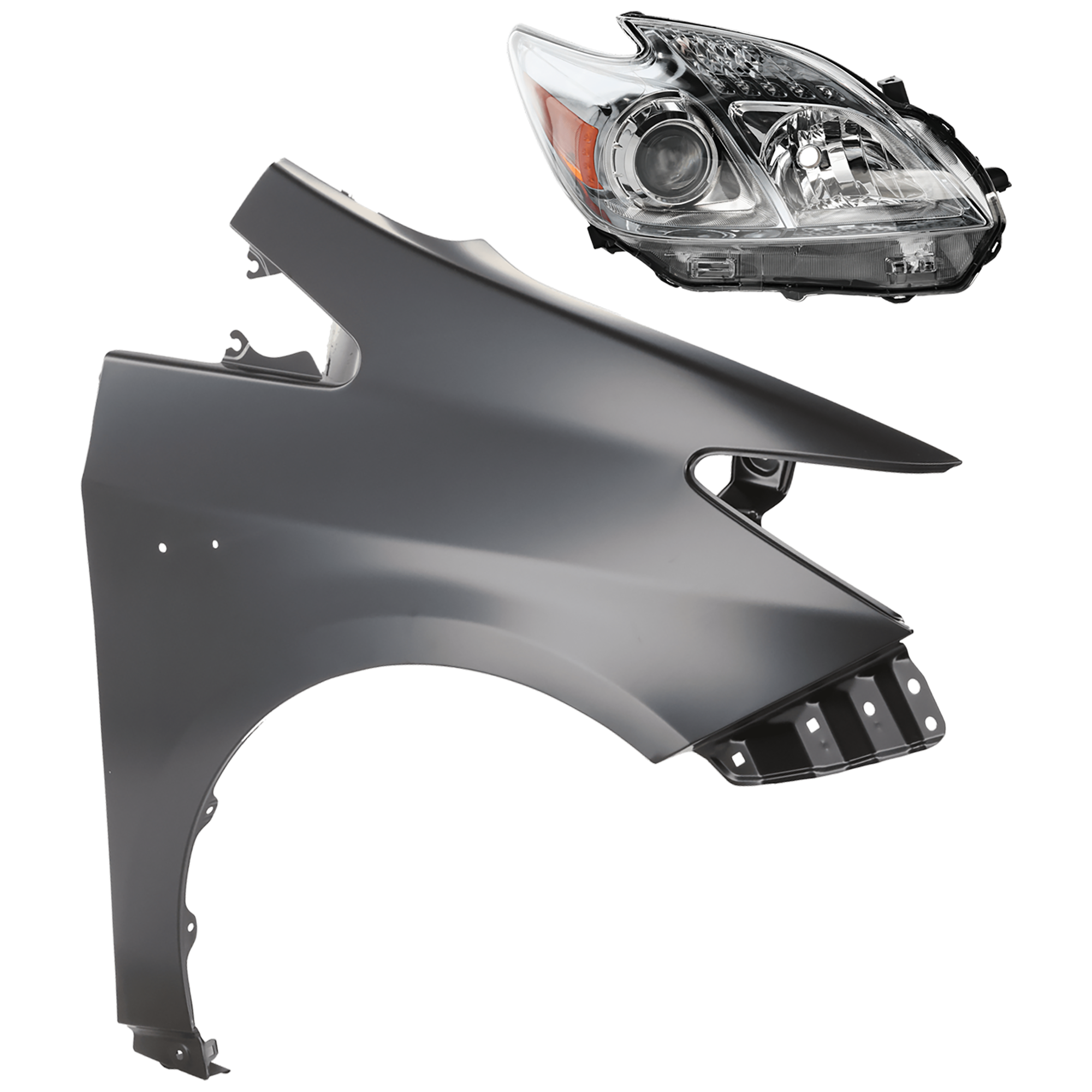AM PRIUS 10-11 HEAD LAMP RH 2 pc Kit Lens and Housing Halogen Base Model with Fender SKU KIT 081526-89 Partslink TO2519122 TO1241232 OEM 8113047211-5380147040
