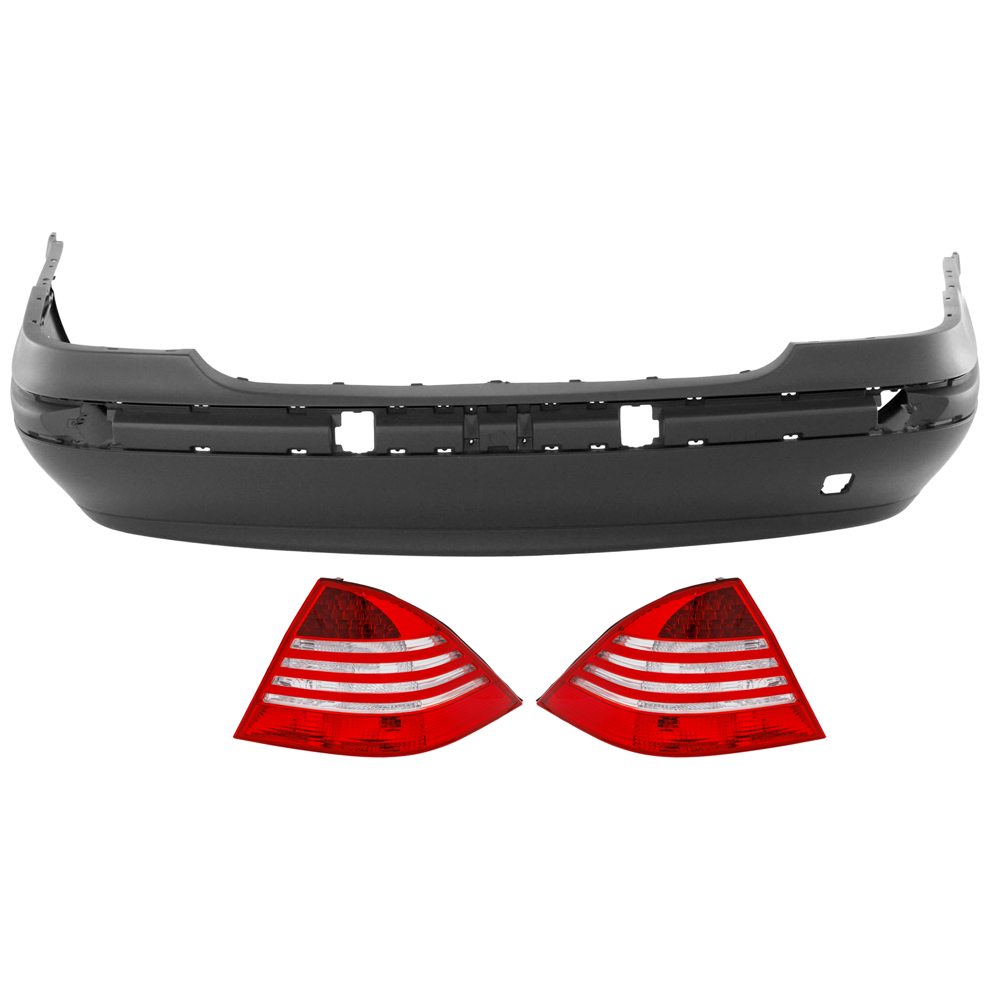 AM S430 S500-03-06 REAR BUMPER COVER 3 pc Kit Primed w Molding Holes and Tow Hook Hole w o License Plate Provision and Parking Aid Sensor Holes with Tail Light SKU KIT 081526 GB113 Partslink MB1100145 MB2801114 MB2800114 OEM 2208800140-2208200864-22082007