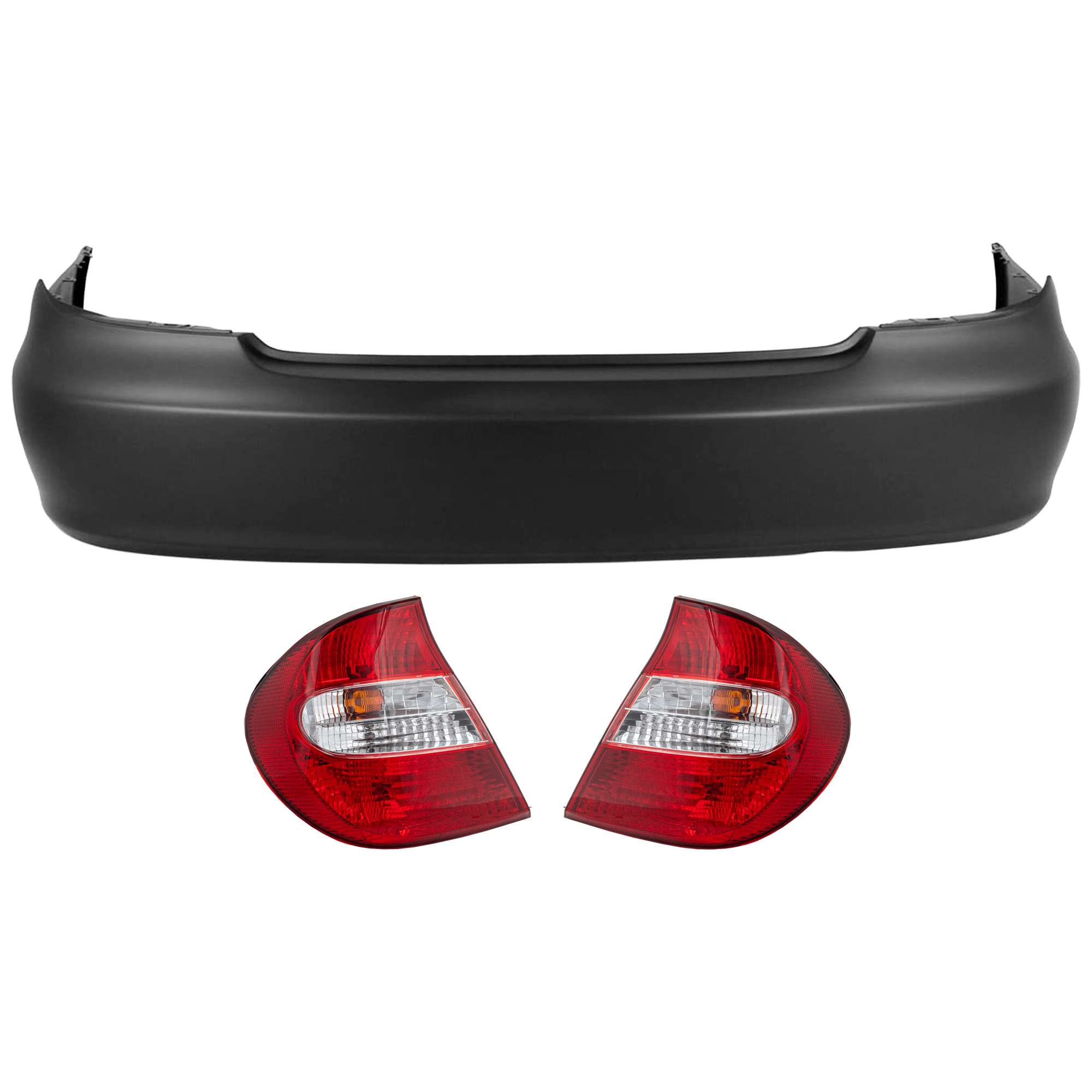 AM CAMRY 02-04 REAR BUMPER COVER 3 pc Kit Primed w o License Plate Provision Tow Hook Hole and Parking Aid Sensor Holes with Tail Light SKU KIT 081526 GB116 Partslink TO1100204 TO2801143 TO2800143 OEM 5215933912-81550AA050-81560AA0