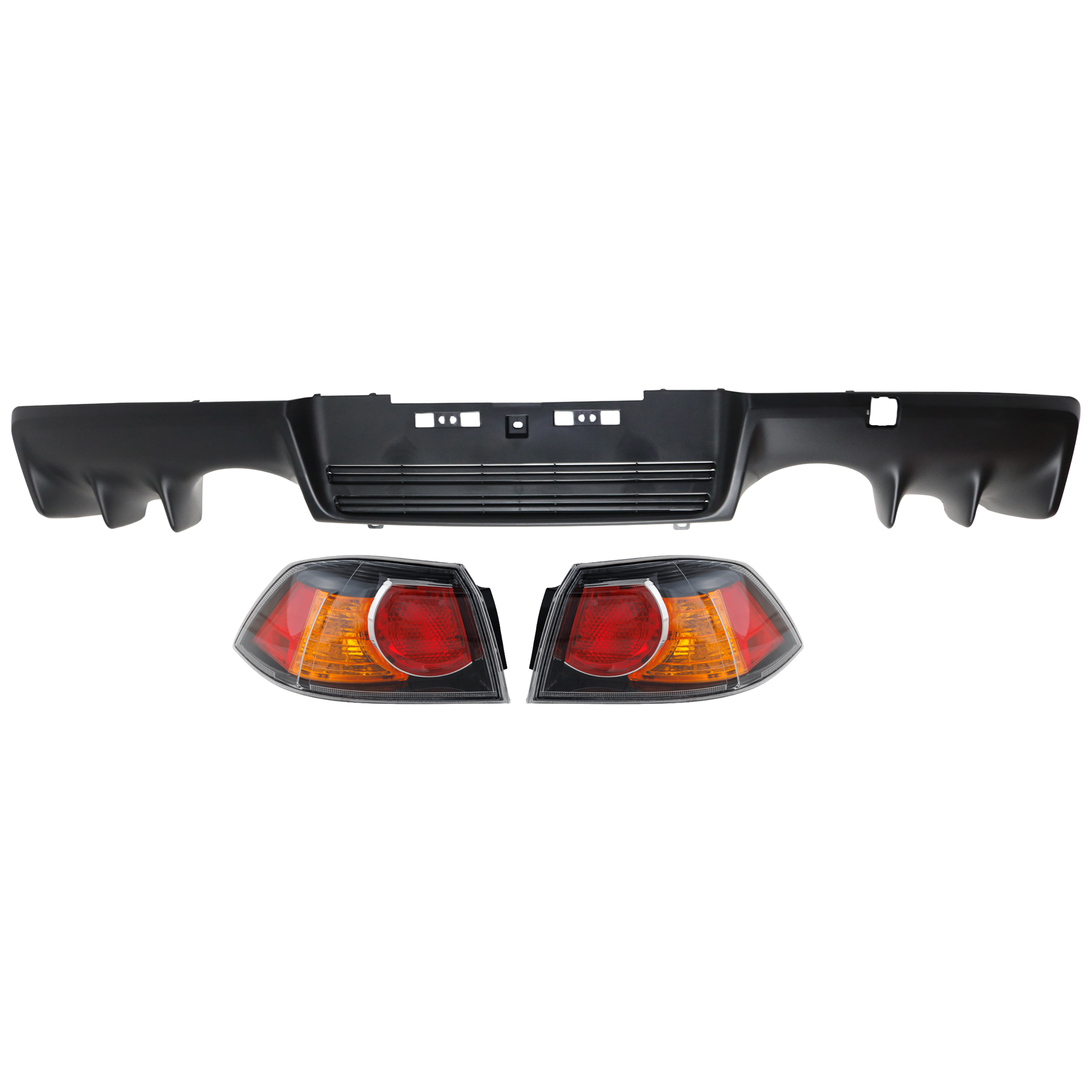 AM LANCER 09-15 REAR BUMPER COVER Lower 3 pc Kit Textured w o Parking Aid Sensor Holes with Tail Light SKU KIT 081526 GB126 Partslink MI1115100 MI2805103 MI2804103 OEM 6410B300-8330A622-8330A621