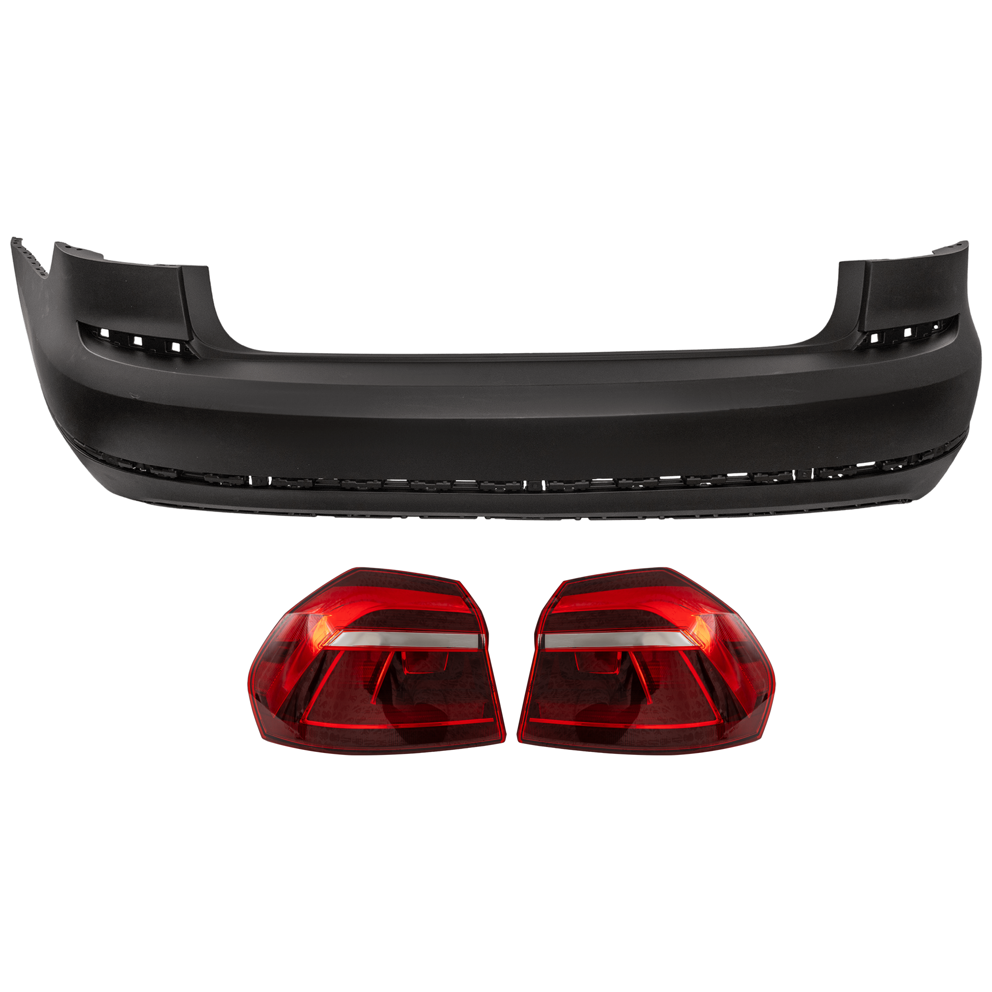 AM PASSAT 17-19 REAR BUMPER COVER 3 pc Kit Primed with Tail Light SKU KIT 081526 GB130 Partslink VW1100209 VW2805129 VW2804129 OEM 561807421KGRU 561945096P 56194