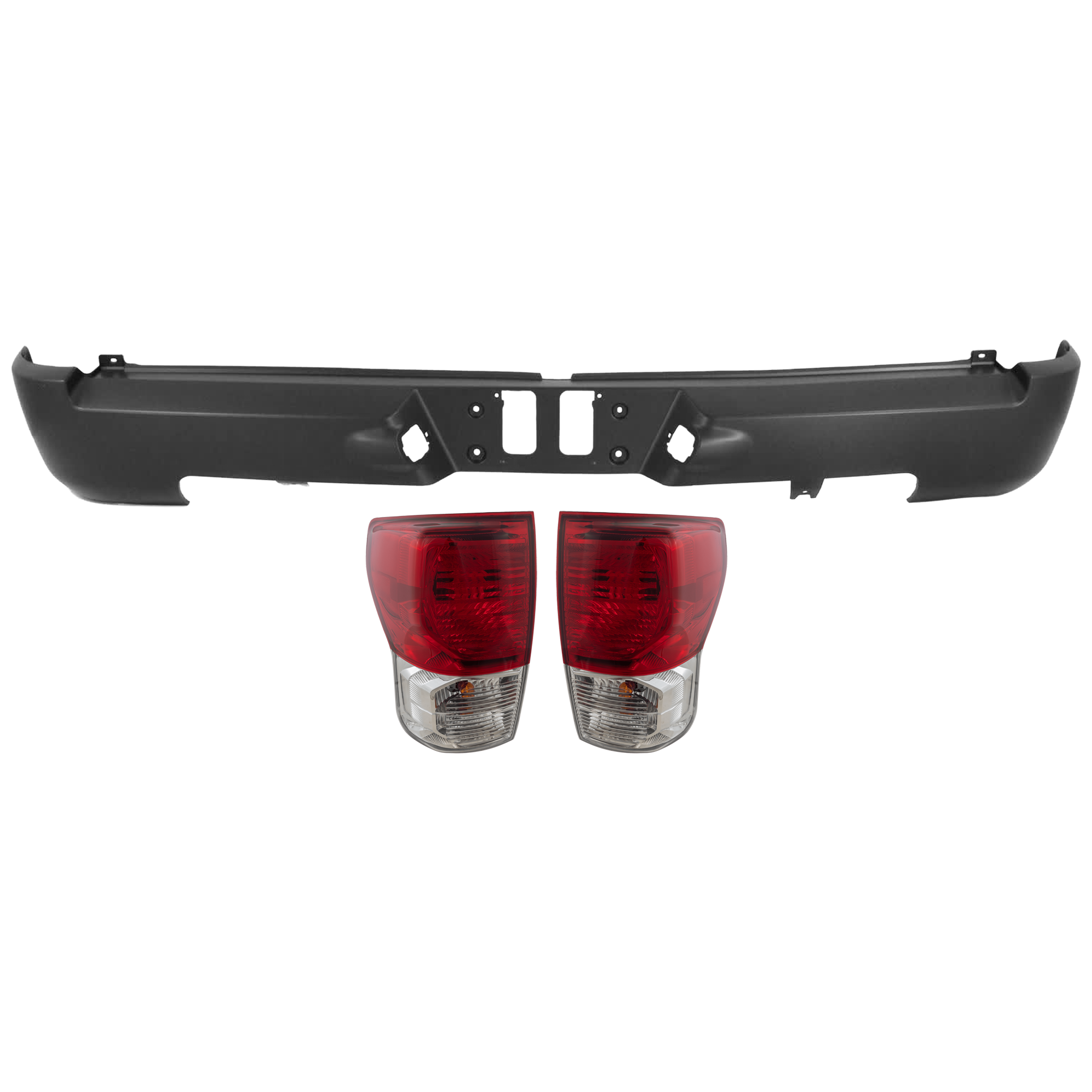 AM TUNDRA 10-13 REAR BUMPER COVER 3 pc Kit Primed w o License Plate Provision Tow Hook Hole and Parking Aid Sensor Holes with Tail Light SKU KIT 081526 GB163 Partslink TO1100256 TO2801183 TO2800183 OEM 521590C903-815500C090-815600C0
