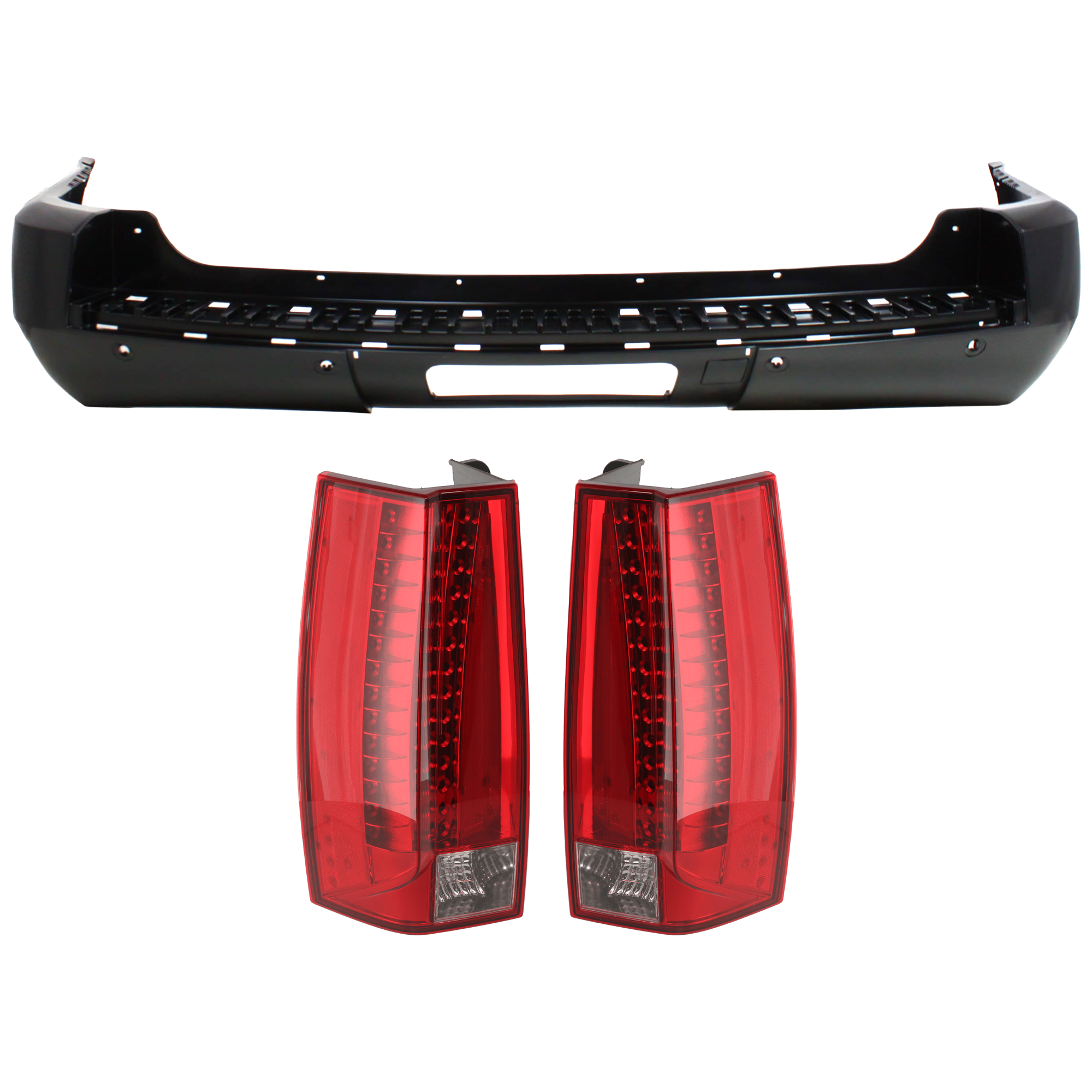 AM ESCALADE ESV 07-14 REAR BUMPER COVER 3 pc Kit Primed w Parking Aid Sensor Holes w o Dual Exhaust Cut Outs License Plate Provision and Tow Hook Hole with Tail Light SKU KIT 081526 GB171 Partslink GM1100786 GM2801232 GM2800232 OEM 20951796-22884388-22884387