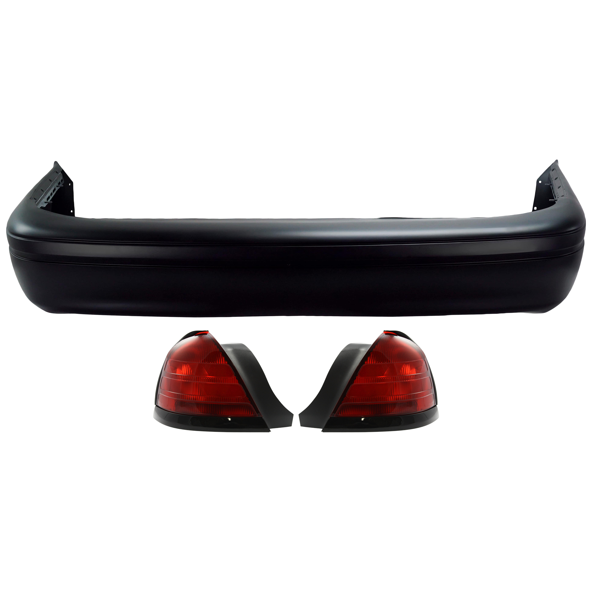 AM CROWN VICTORIA 99-05 REAR BUMPER COVER 3 pc Kit Primed w Molding Holes w o License Plate Provision Tow Hook Hole and Parking Aid Sensor Holes with Tail Light SKU KIT 081526 GB177 Partslink FO1100279 FO2801160 FO2800160 OEM YW7Z17K835CA 8W7Z13404A 8W7Z13