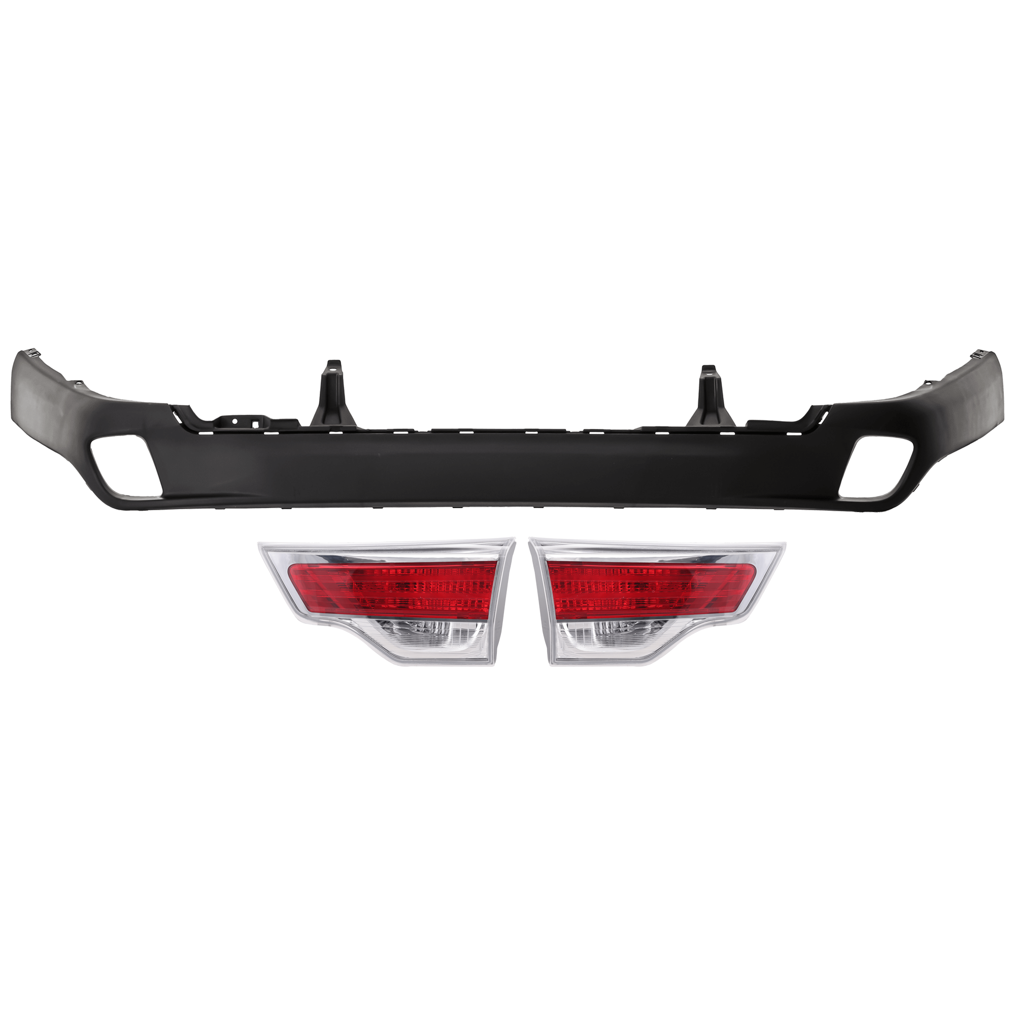 AM HIGHLANDER 14-16 REAR BUMPER COVER Lower 3 pc Kit Textured w o License Plate Provision Tow Hook Hole and Parking Aid Sensor Holes with Tail Light SKU KIT 081526 GB180 Partslink TO1115104 TO2803115 TO2802115 OEM 521690E070-815800E050-815900E0