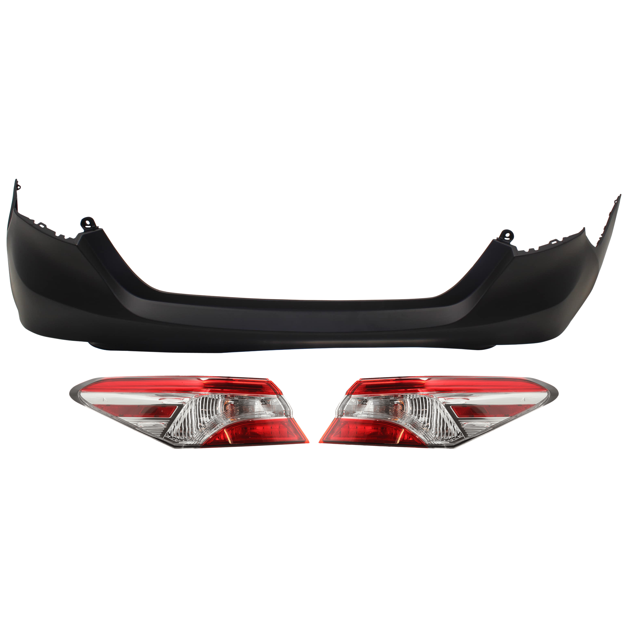 AM CAMRY 18-20 REAR BUMPER COVER 3 pc Kit Primed w o Parking Aid Sensor Holes with Tail Light SKU KIT 081526 GB188 Partslink TO1100333 TO2805134 TO2804134 OEM 521590X913-8155006720-81560067