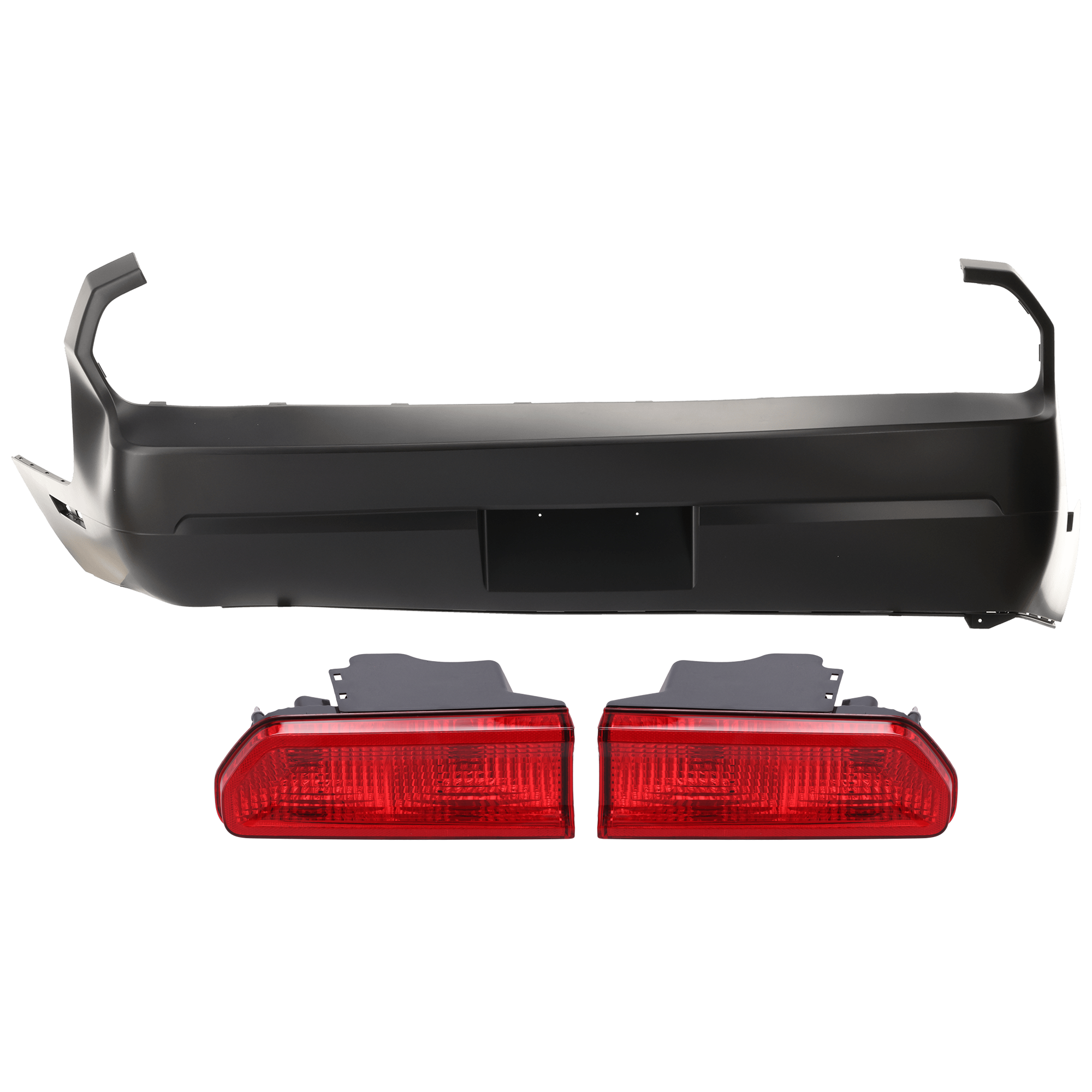 AM CHALLENGER 08-14 REAR BUMPER COVER 3 pc Kit Primed w License Plate Provision w o Tow Hook Hole and Parking Aid Sensor Holes with Tail Light SKU KIT 081526 GB195 Partslink CH1100934 CH2801189 CH2800189 OEM 68292069AA 5028780AF 5028781AE